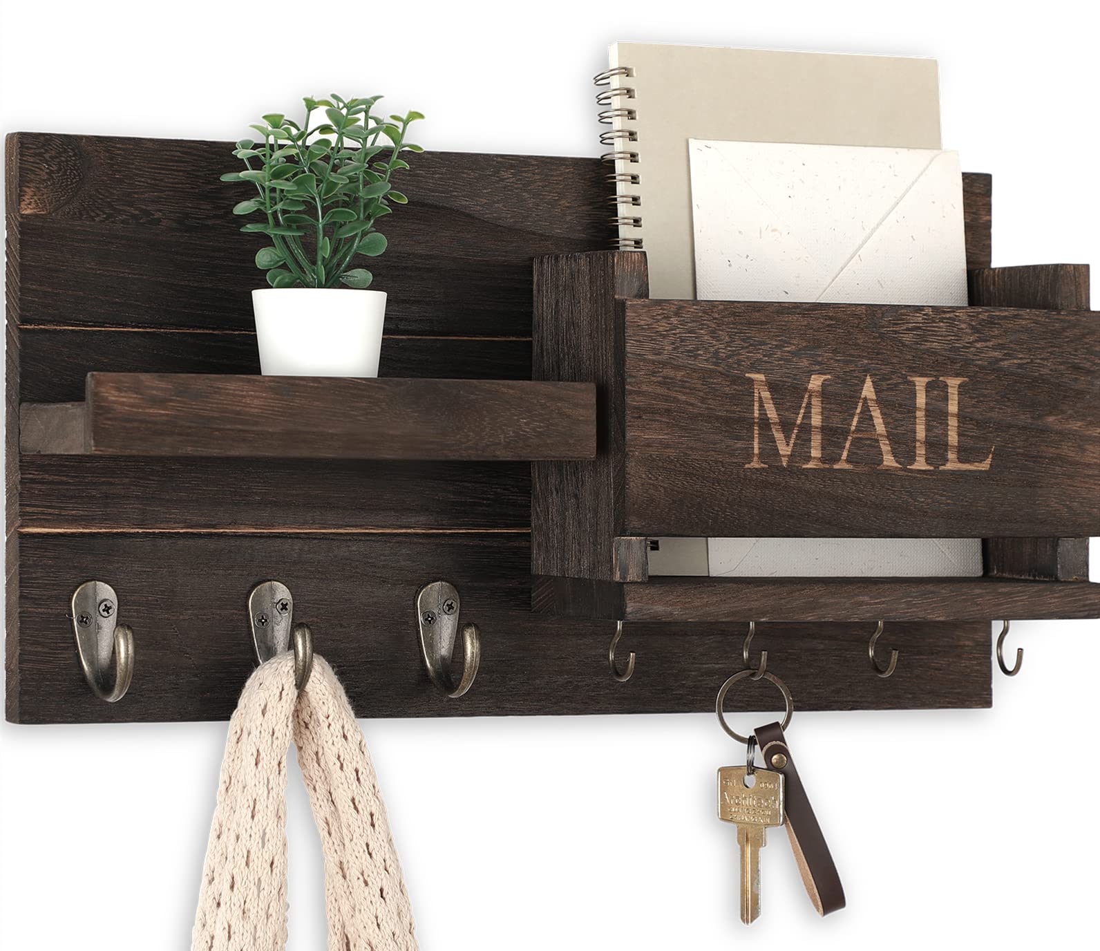 Mail Organizer for Wall Mount – Key Holder with Shelf Includes Letter Holder and Hooks for Hallway Farmhouse Decor – Rustic Wood with Flush Mounting Hardware (16.5” x 9.1” x 3.4”) (White)