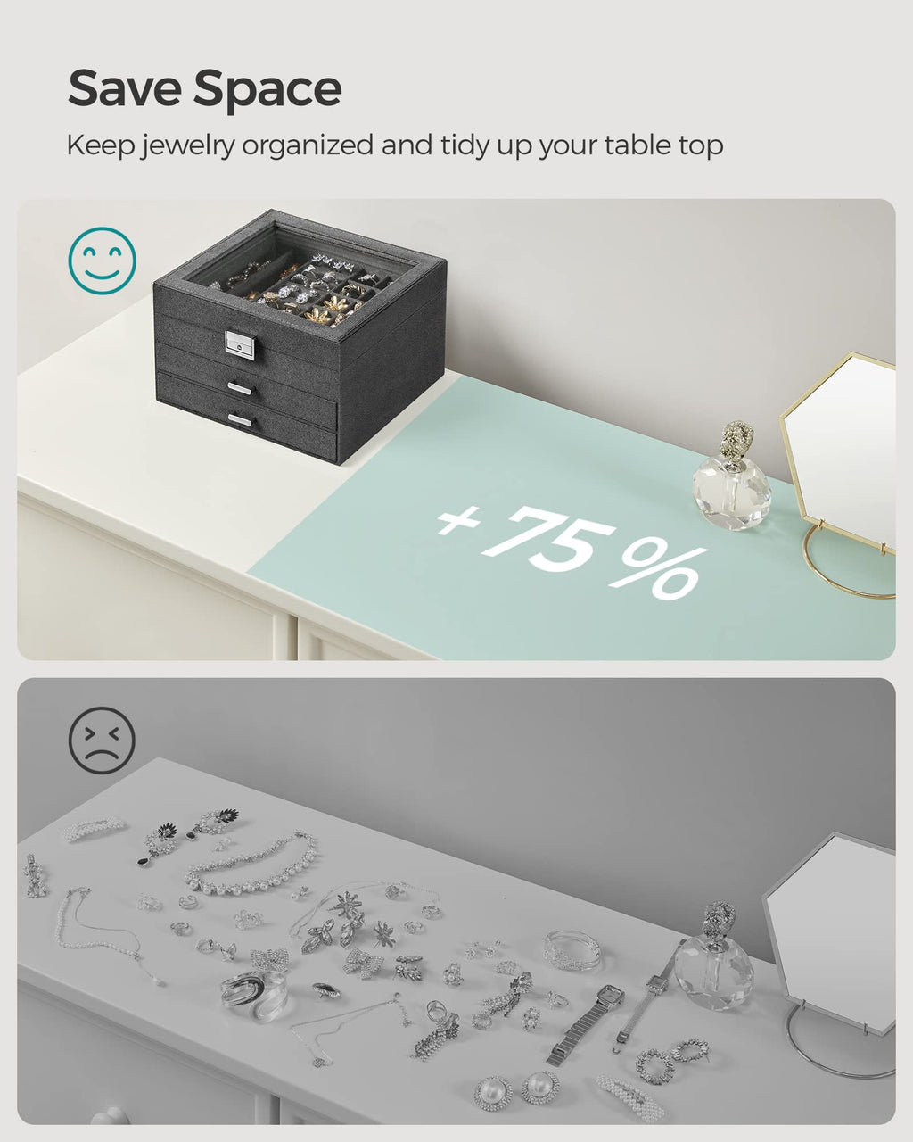 SONGMICS 3-Tier Jewelry Box, Travel Jewelry Case with Handle, 2 Drawers, Lockable Jewelry Organizer with Mirror, Jewelry Storage, Modern Style, Gift for Loved Ones, White UJBC154W01