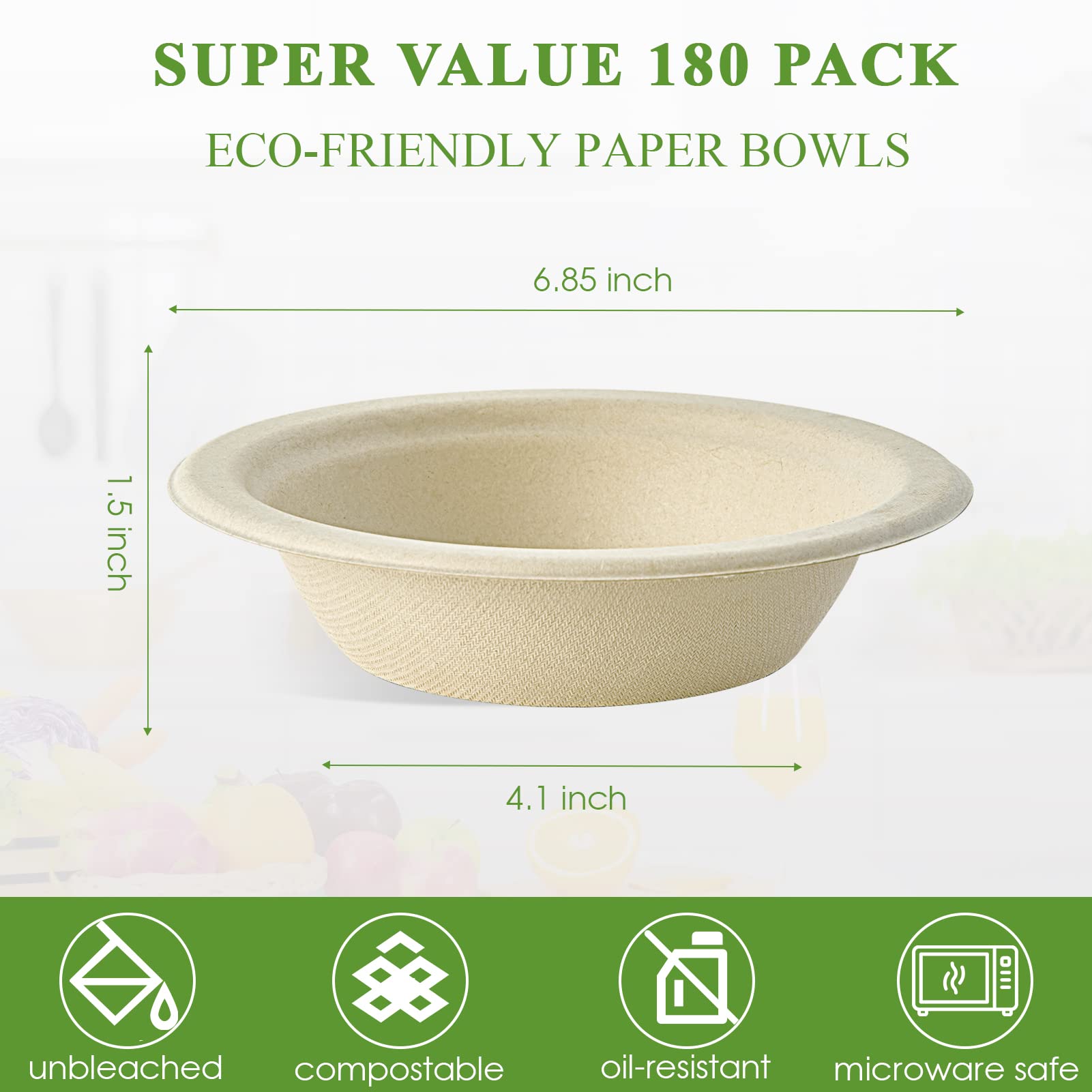 Vplus 200 Pack 12 OZ Paper Bowls, Disposable Compostable Bulk, Eco-friendly Bagasse, Heavy-duty Bowls Perfect for Milk Cereals, Snacks, Salads