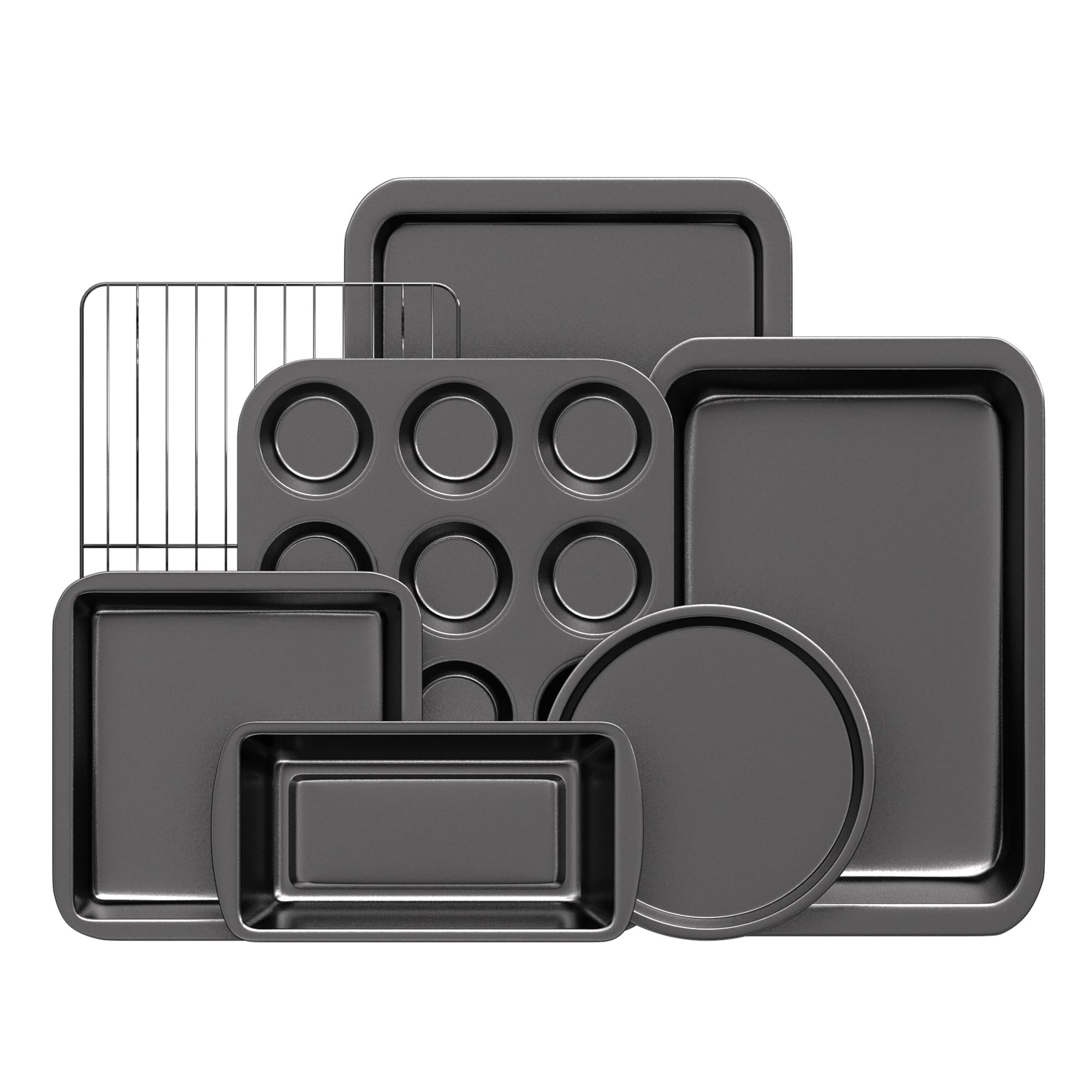 KITESSENSU Baking Pans Sets, Nonstick Bakeware Sets 7-Piece with Round/Square Cake Pan, Loaf Pan, Muffin Pan, Cookie Sheet, Roast Pan, Cooling Rack, Carbon Steel Bake Set