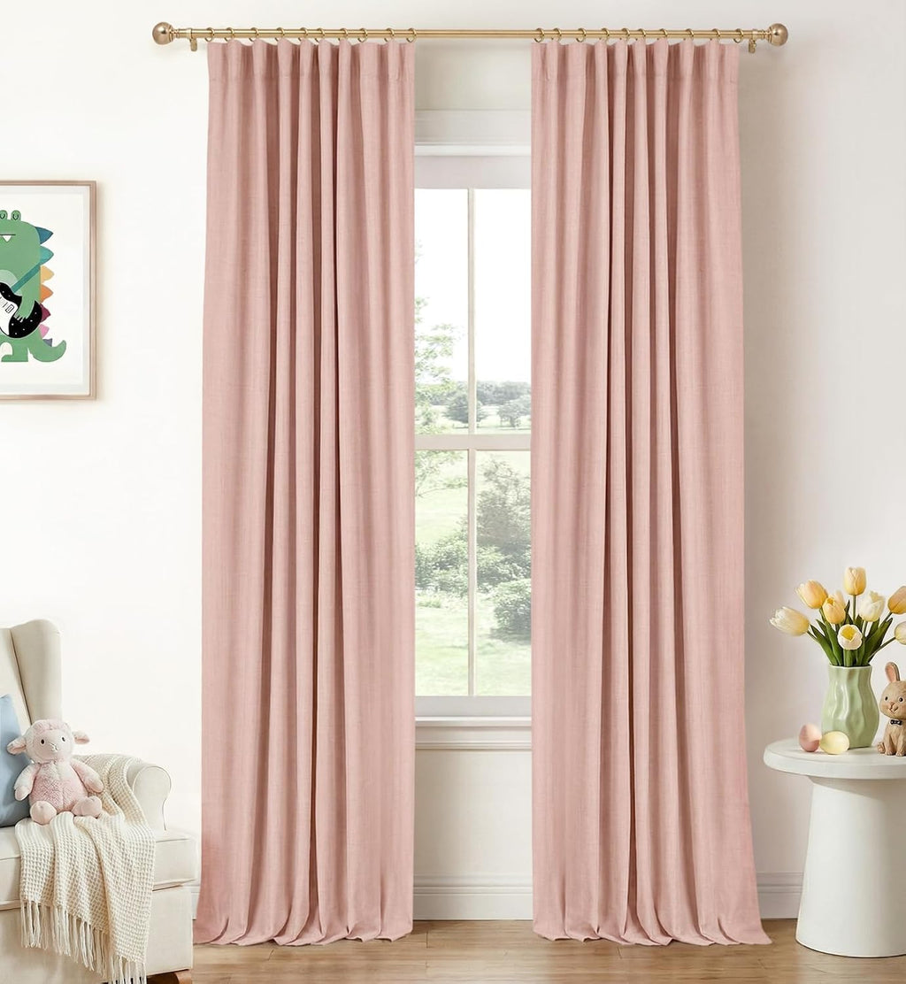 INOVADAY 100% Blackout Curtains for Bedroom, Black Out Curtains 84 Inch Long, Clip Rings Linen Blackout Drapes, Thermal Insulated Room Darkening for Living Room, 2 Panels - Beige,W50xL84