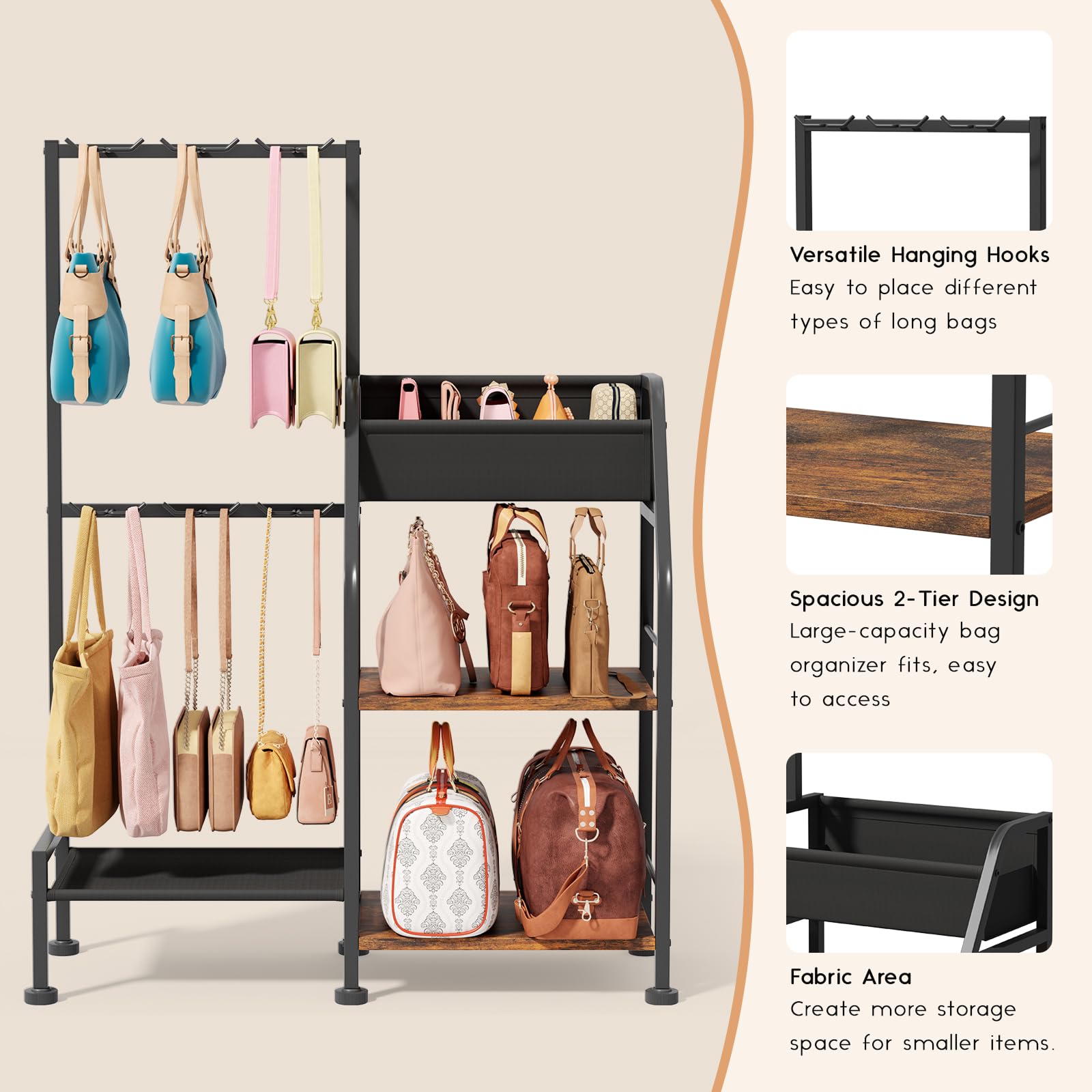 Homsorout Purse Organizer for Closet - Purse Rack Stand with 12 Hooks, 2 Wooden Shelves Purse Storage for Closet, Large Capacity Backpack Storage, Handbag Organizer for Home, Living Room, Black