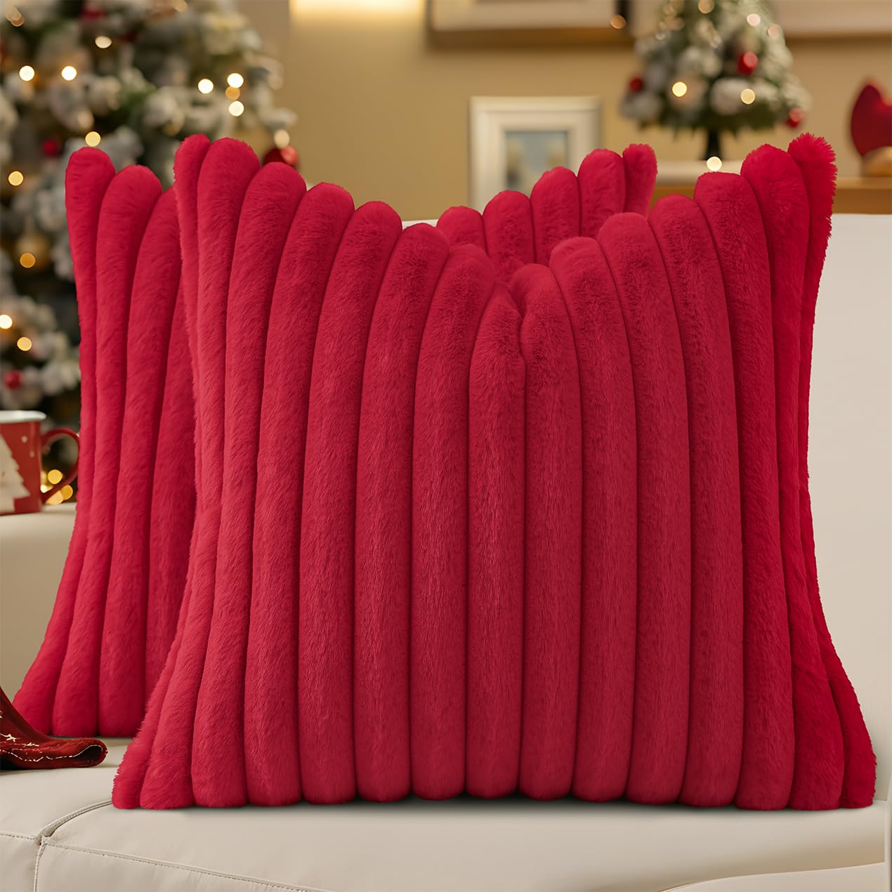 decorUhome Cozy Faux Fur Spring Throw Pillow Covers 18x18 Set of 2 Decorative Soft Plush Striped Modern Farmhouse Boho Couch Pillow Cases with Velvet Back for Sofa Bed Living Room, Cream White