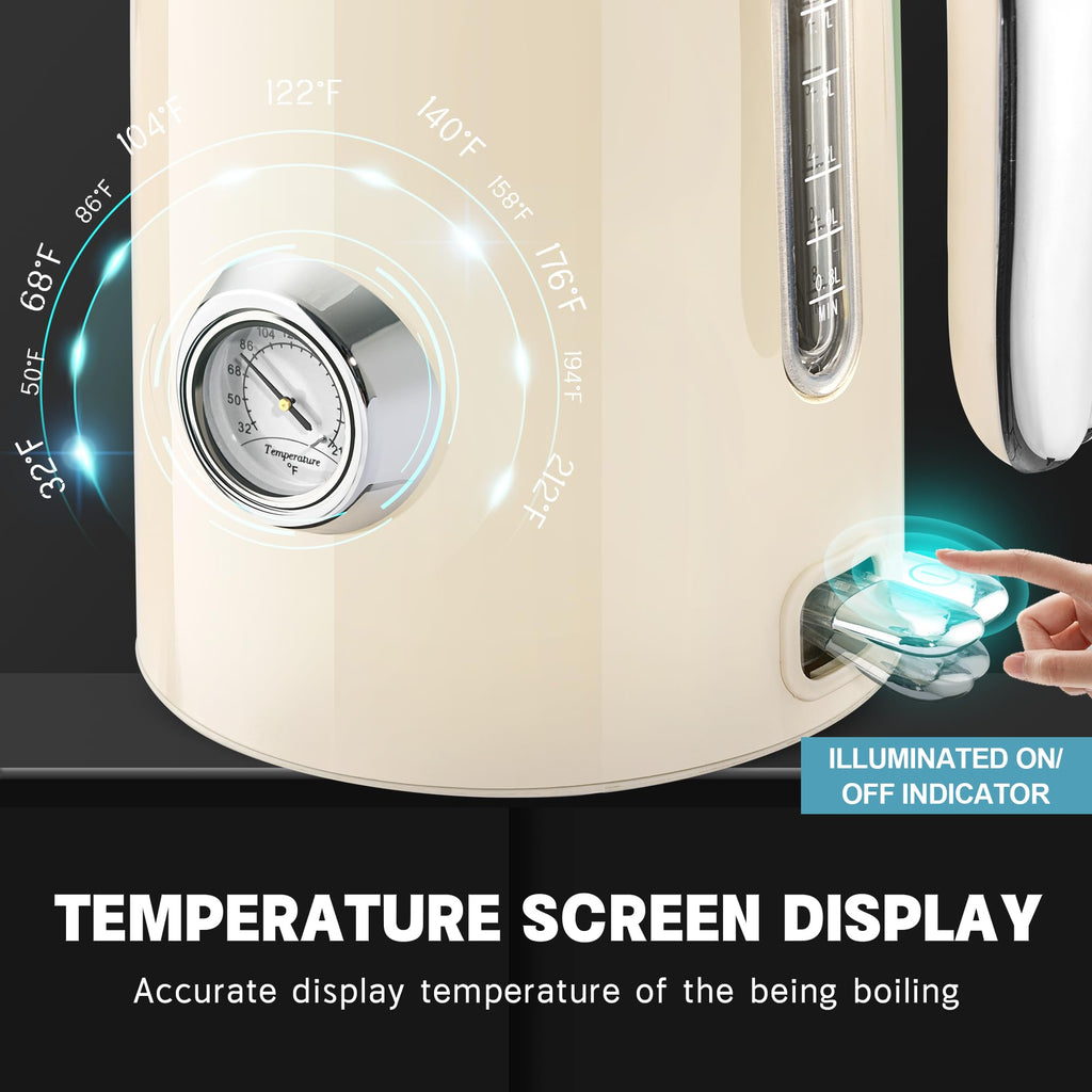SUSTEAS Electric Kettle - 57oz Hot Tea Water Boiler with Thermometer, 1500W Fast Heating Stainless Steel Pot, Cordless LED Indicator, Auto Shut-Off & Boil Dry Protection, Retro Green
