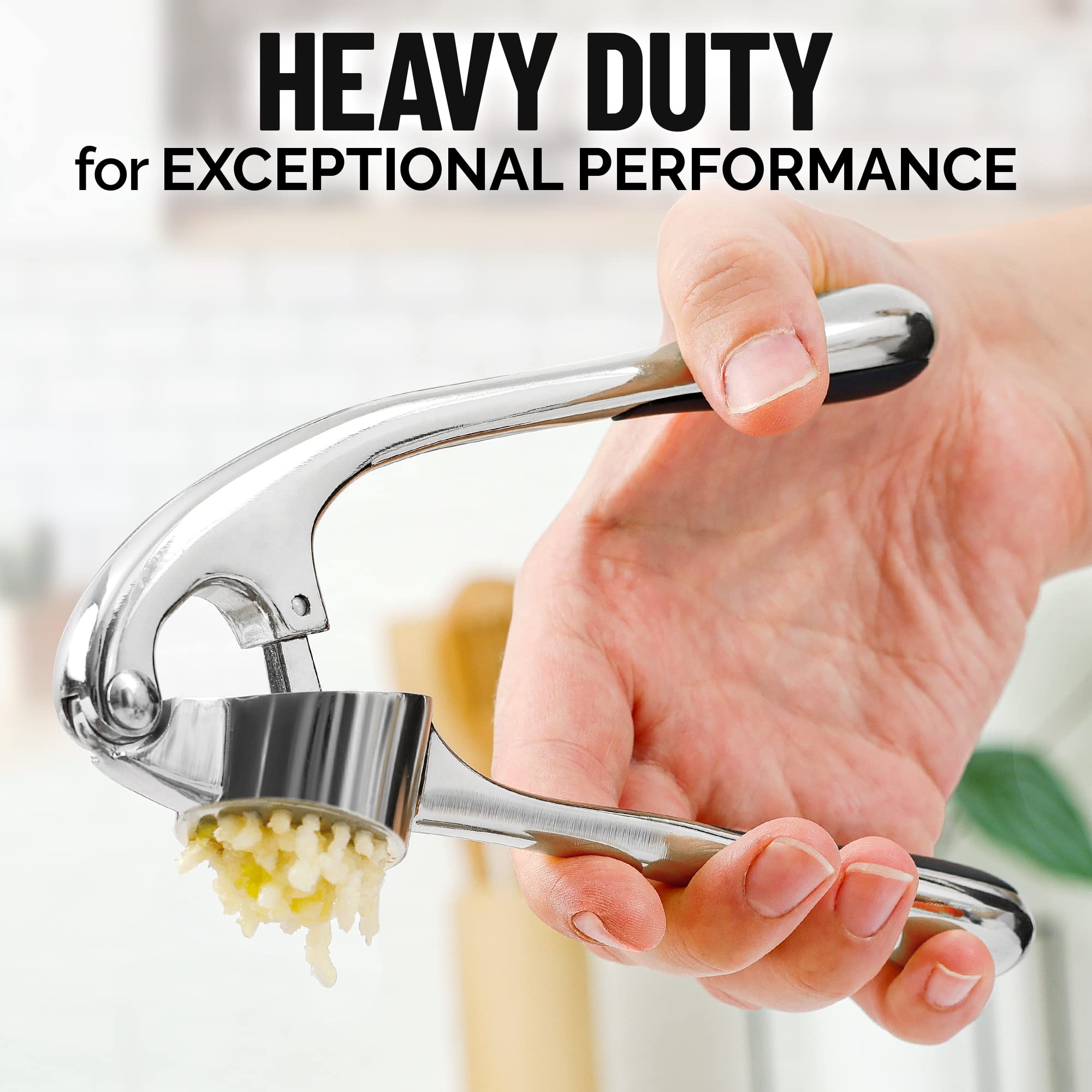 Zulay Kitchen Premium Garlic Press Set - Rust Proof Professional Garlic Mincer Tool - Easy-Squeeze, Easy-Clean with Soft, Ergonomic Handle - Silicone Garlic Peeler & Brush (Silver)