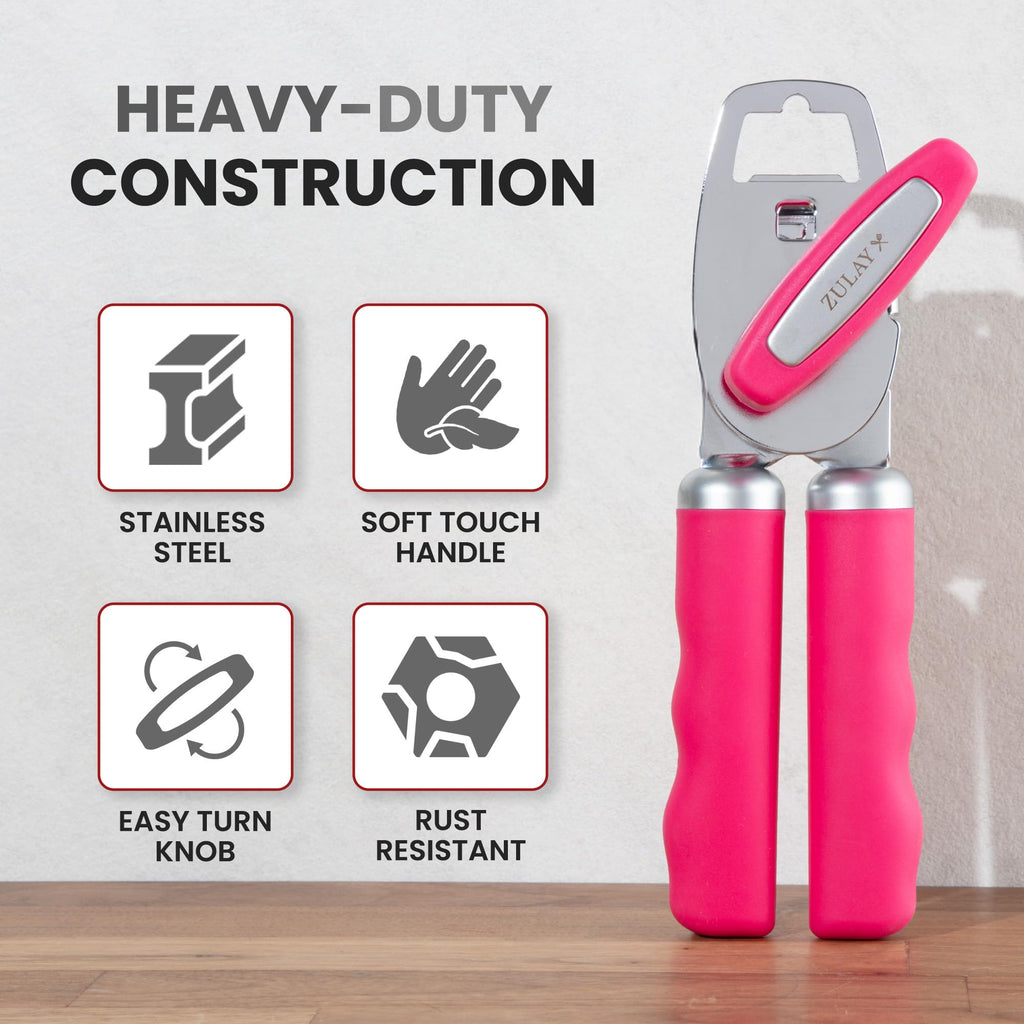 Zulay Kitchen COMFY™ Can Opener Manual with Bottle Opener - Rust Proof Stainless Steel Manual Can Opener With Turn Knob & Comfy Soft Grip Handles - Black