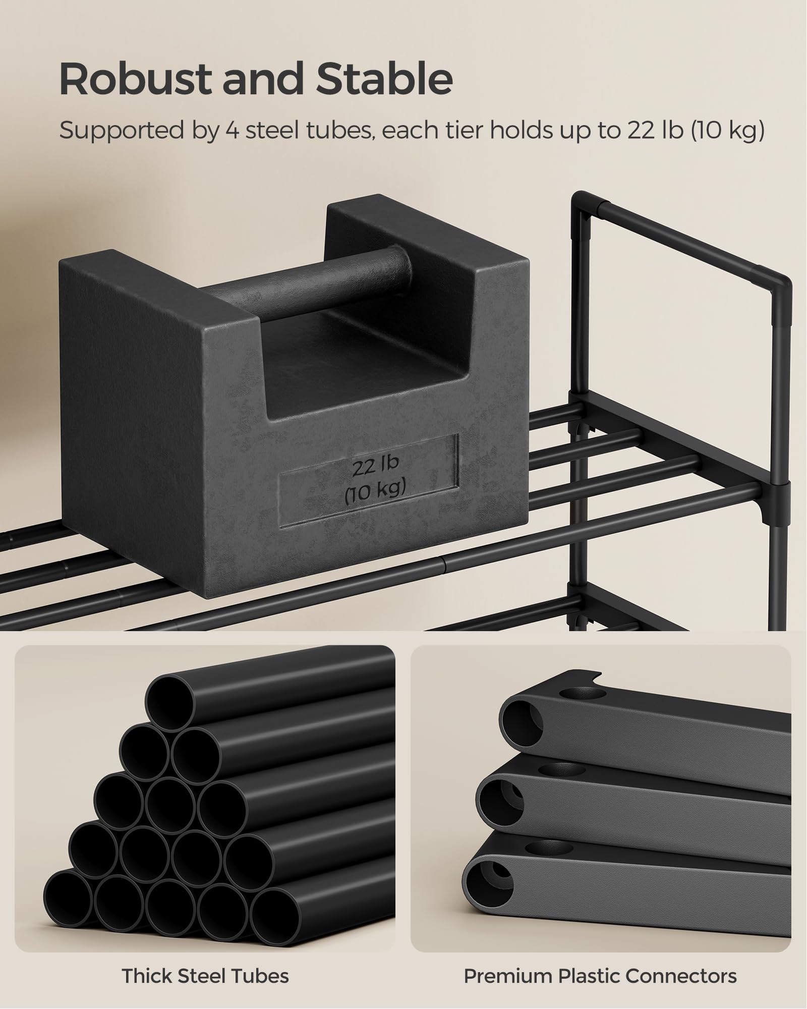 SONGMICS Shoe Rack, 3-Tier Shoe Organizer, Metal Storage Shelf, Upright or Upside Down, for 16-20 Pairs, Stackable, for Entryway, 11.8 x 36.2 x 21.7 Inches, Black ULSA303B02