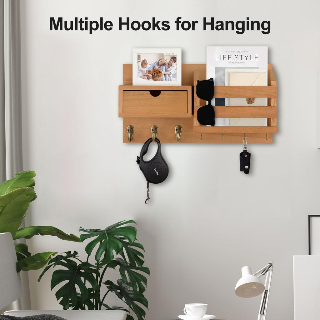 Wall Mount Key Holder with Mail Organizer, 100% Paulownia Wood, 7 Metal Hooks, Storage Drawer, Entryway Home Decor (Brown)