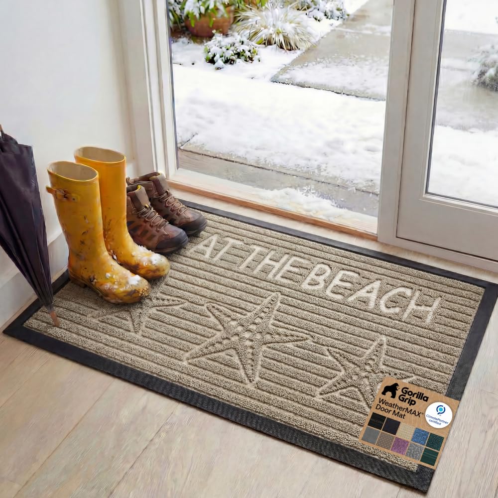 GORILLA GRIP 100% Waterproof All-Season WeatherMAX Doormat US Designed Natural Rubber, Stain Fade Resistant, Low Profile Indoor Outdoor Front Door Mats Outside Entrance, Easy Clean 29x17 Gray Diamond
