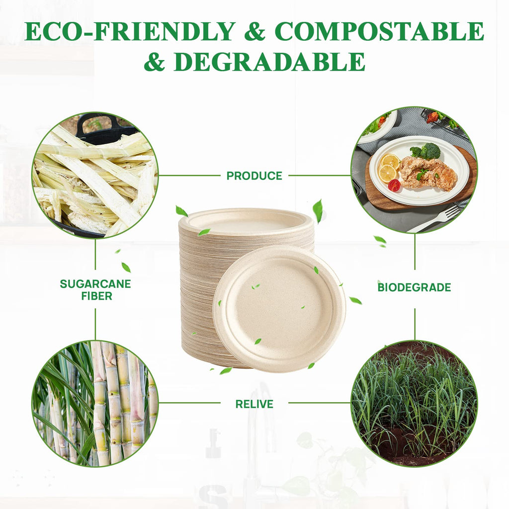 Vplus 150 Pack Compostable Disposable Paper Plates 10.25 inch Super Strong Paper Plates 100% Bagasse Natural Biodegradable Eco-Friendly Sugarcane(white)