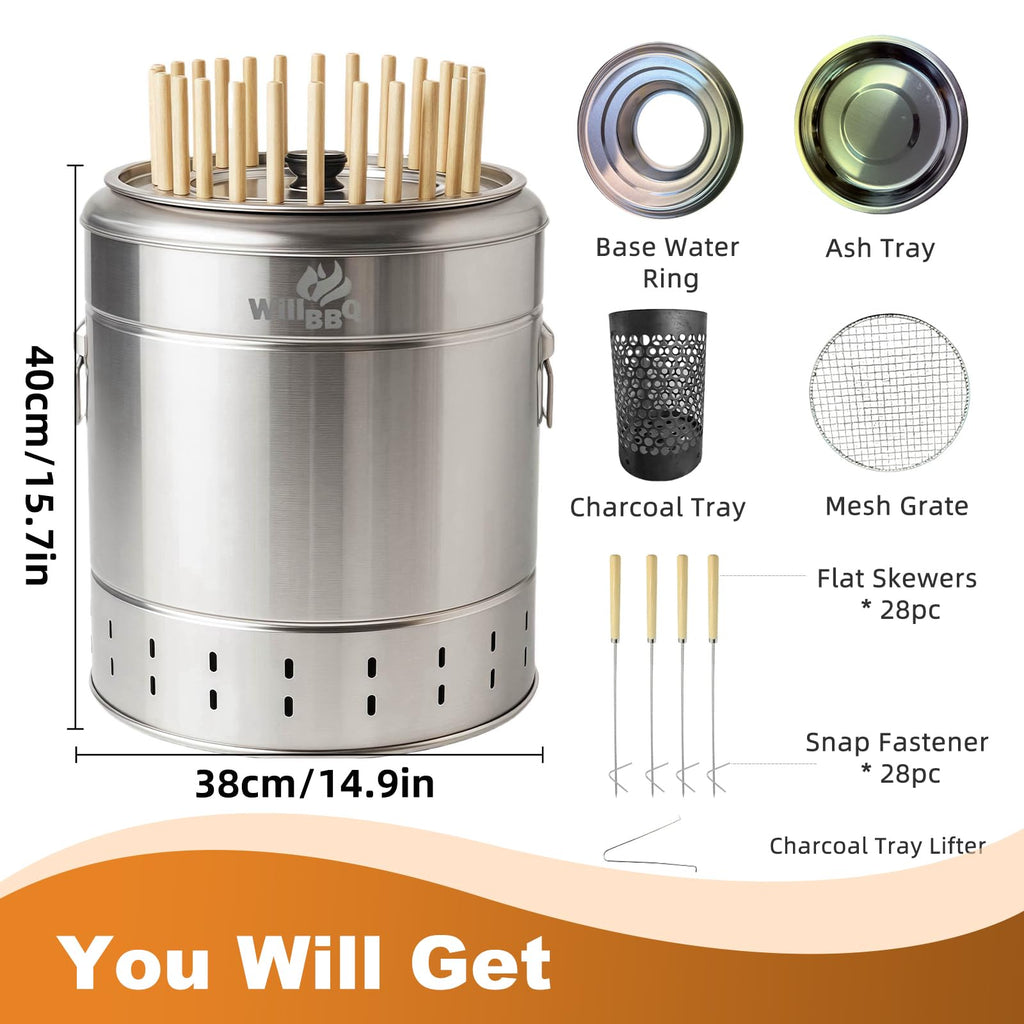 WILLBBQ Large Hanging Charcoal Grills, 360° Barrel Smoker, Stainless Steel Double-Wall Insulated, Portable for Outdoor Camping Patio (Bright Silver)