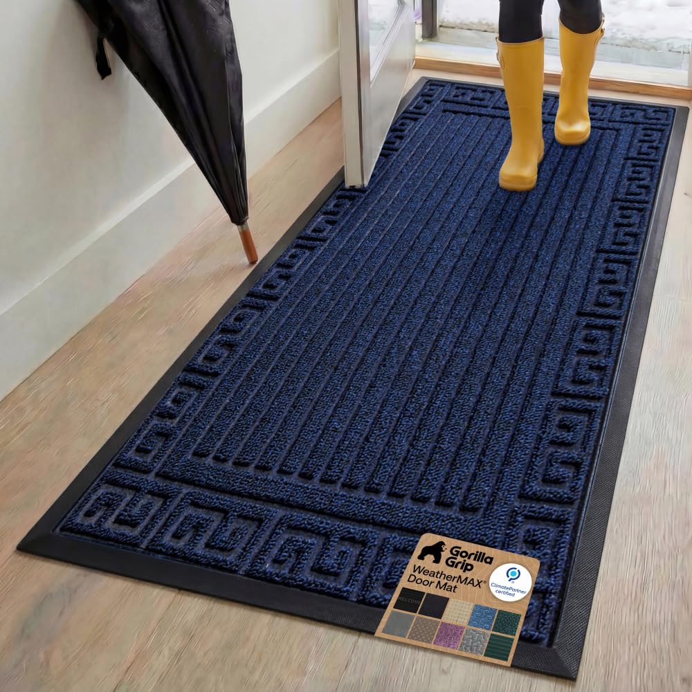GORILLA GRIP 100% Waterproof All-Season WeatherMAX Doormat US Designed Natural Rubber, Stain Fade Resistant, Low Profile Indoor Outdoor Front Door Mats Outside Entrance, Easy Clean 29x17 Gray Diamond