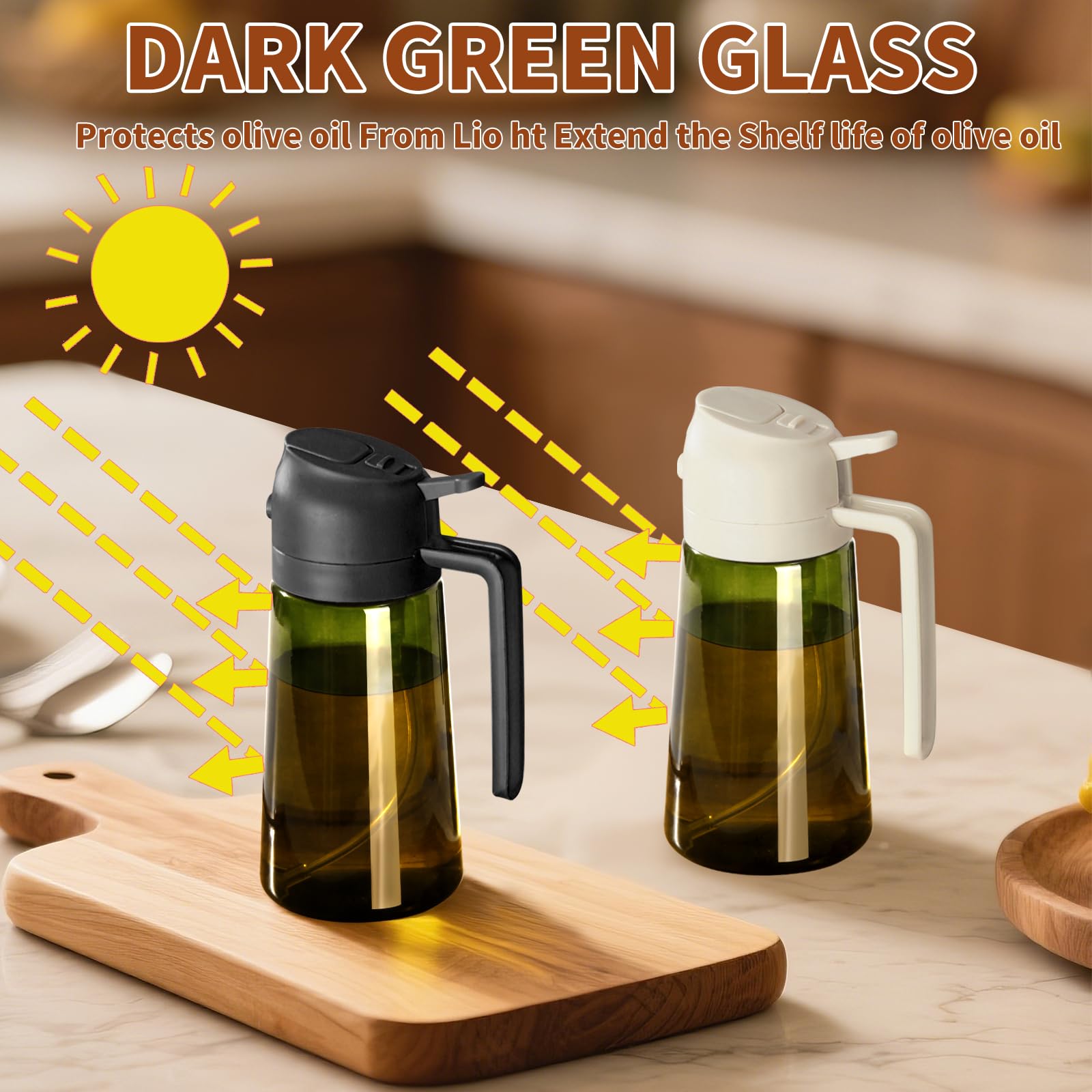 SWEET VIEW Olive Oil Dispenser and Oil Sprayer – 16oz/470ml Glass Light-Proof Oil Pourer for Kitchen, Air Fryer, Cooking, Salad, and BBQ