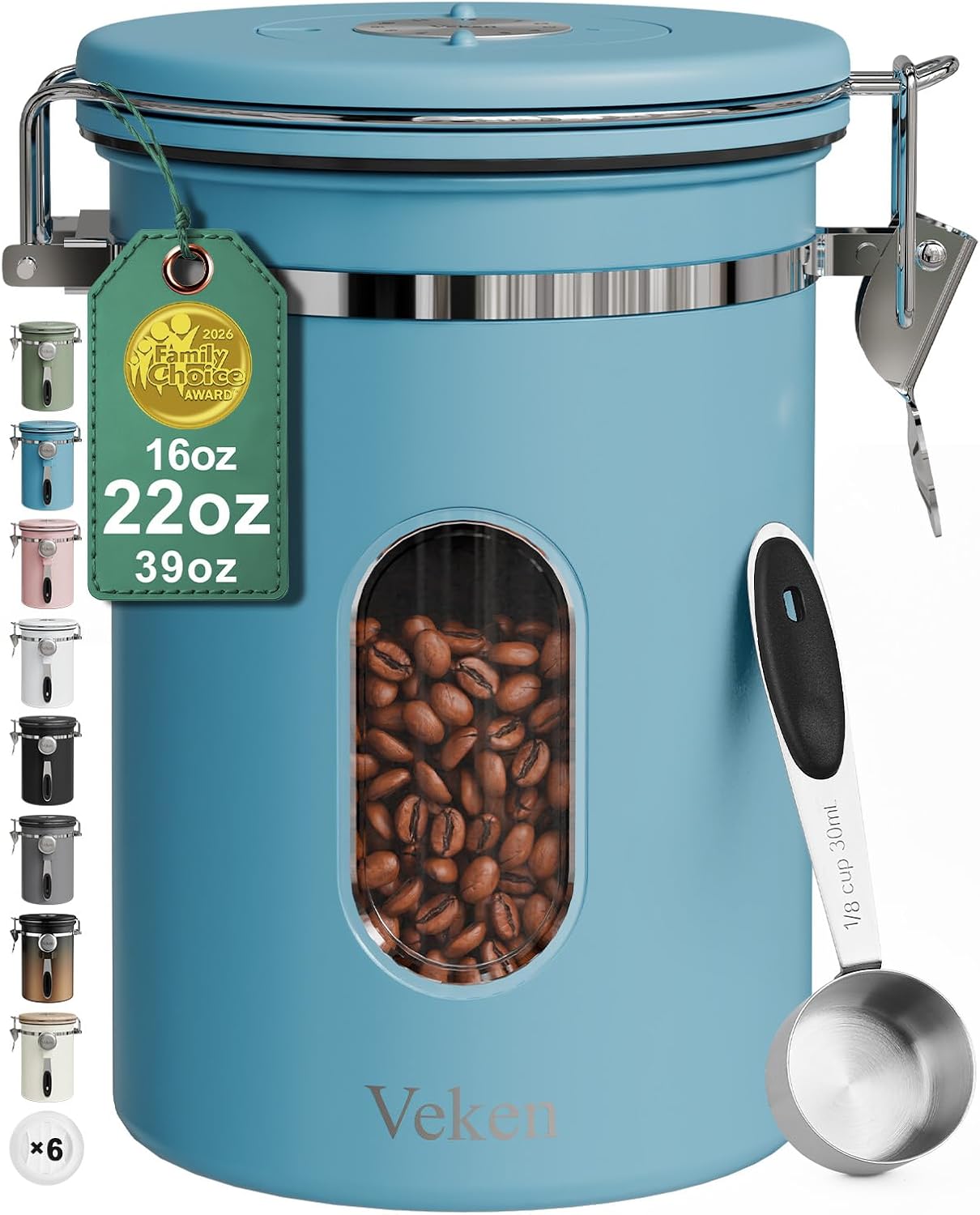 Veken Coffee Canister with Window,Airtight Stainless Steel Kitchen Food Storage Container, Date Tracker & Scoop for Grounds Coffee, Beans, Tea,Flour,Cereal,Sugar,22OZ,Copper