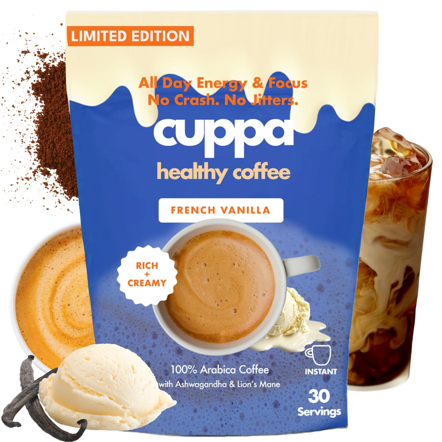 Cuppa Medium Roast Mushroom Coffee with Adaptogens & Superfoods - Lion’s Mane, Ashwagandha & Cordyceps. Adaptogens + MCT to support natural energy, mental focus & gut health (30 Servings)