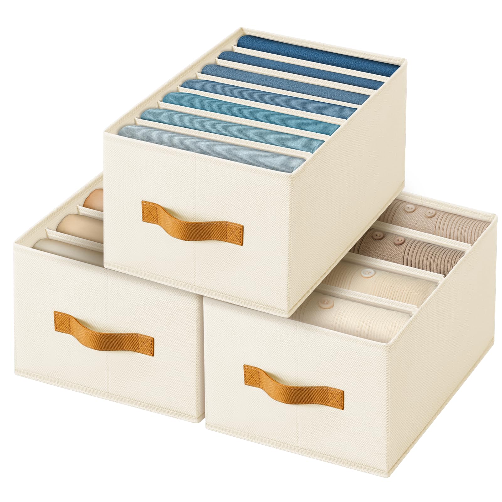 Homsorout Clothes Organizers and Storage - 4/5/7 Grids Fabric Jeans Organizer with Handles, Foldable Closet Organizers Dividers, Wardrobe organizer for Pant, Sweater, T-shirt, Scarf, 6 Pack, Beige