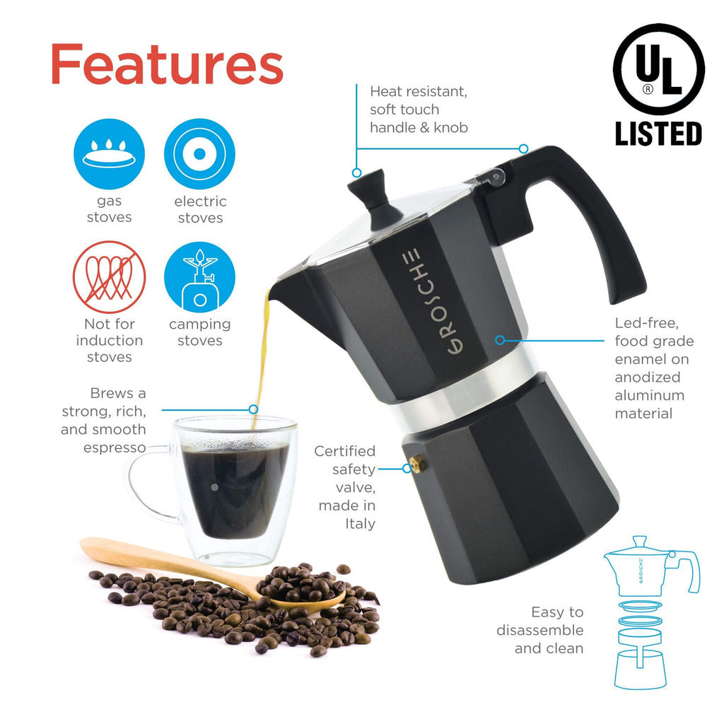GROSCHE Milano Moka pot, Stovetop Espresso maker, Greca Coffee Maker, Stovetop coffee maker and espresso maker percolator (Grey, 6 cup)