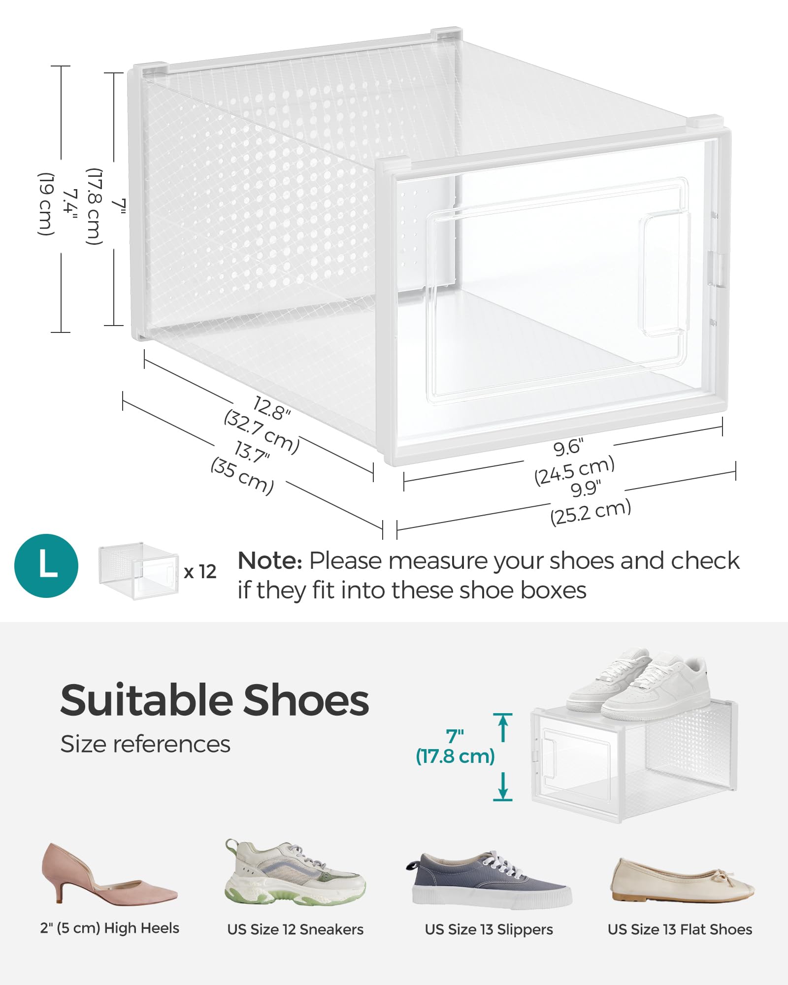 SONGMICS Shoe Boxes, Pack of 12 Shoe Storage Organizers, Stackable Clear Plastic Boxes for Closet, Sneakers, 13.1 x 9.1 x 5.6 Inches, Transparent and White ULSP12SWT