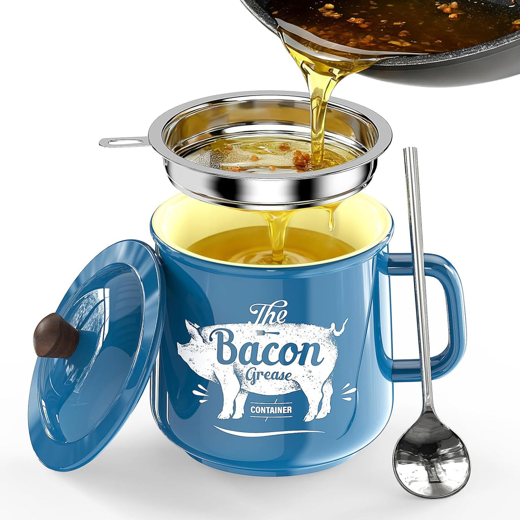 PGYARD Ceramic Bacon Grease Saver With Strainer - 23OZ Bacon Grease Container Farmhouse Keeper For Kitchen Fat Storage-Blue