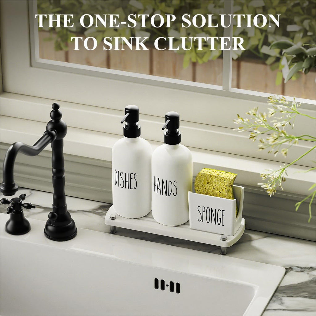 Cisily Kitchen Soap Dispenser Set Comes with Ceramics Sponge Holder, Gold Pumps, and Instant Dry Tray, Hand and Dish Soap Dispenser Set (4, Gold + White + Sponge Holder)