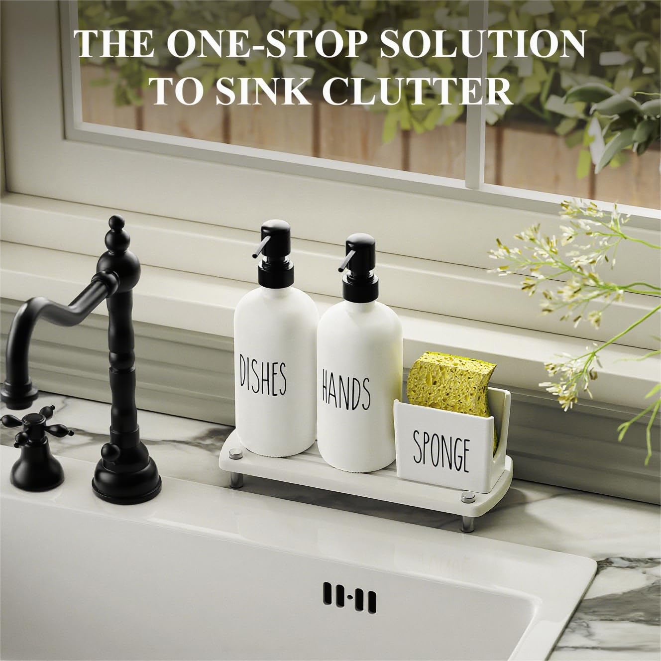 Cisily Kitchen Soap Dispenser Set Comes with Ceramics Sponge Holder, Gold Pumps, and Instant Dry Tray, Hand and Dish Soap Dispenser Set (4, Gold + White + Sponge Holder)