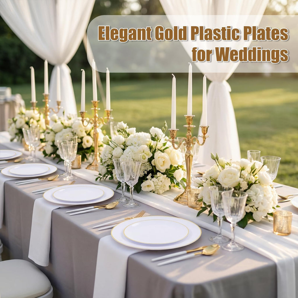 DaYammi 150Pcs Gold Plastic Plates with Disposable Silverware,White Gold Disposable Dinnerware Set - 30 Dinner Plate,30 Dessert Plate,90 Gold Cutlery with White Handles,Fancy Plates for Party Wedding