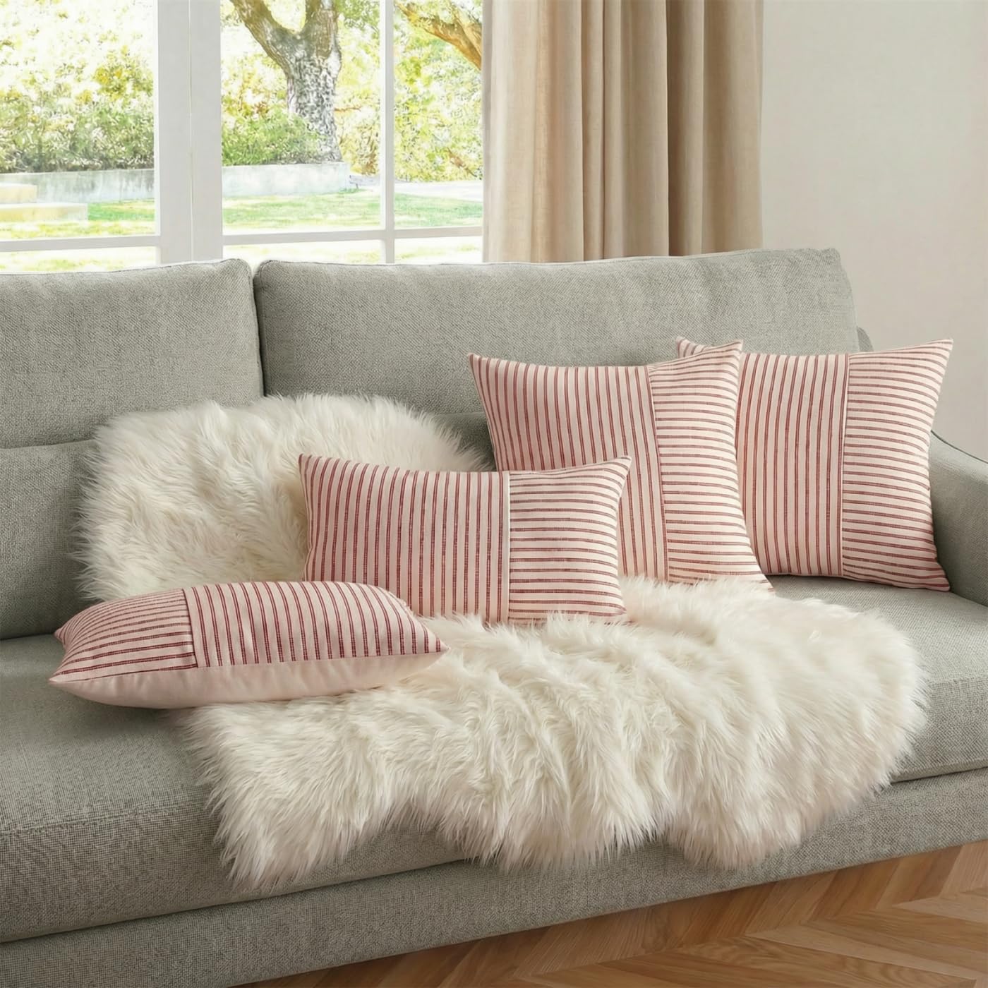 YCOLL Farmhouse Pillow Covers 18x18, Modern Accent Square Throw Pillow Covers Set of 2, Gray and Beige Striped Patchwork Linen Decorative Pillows Cushion Covers for Couch Chair Bedroom Home Decor