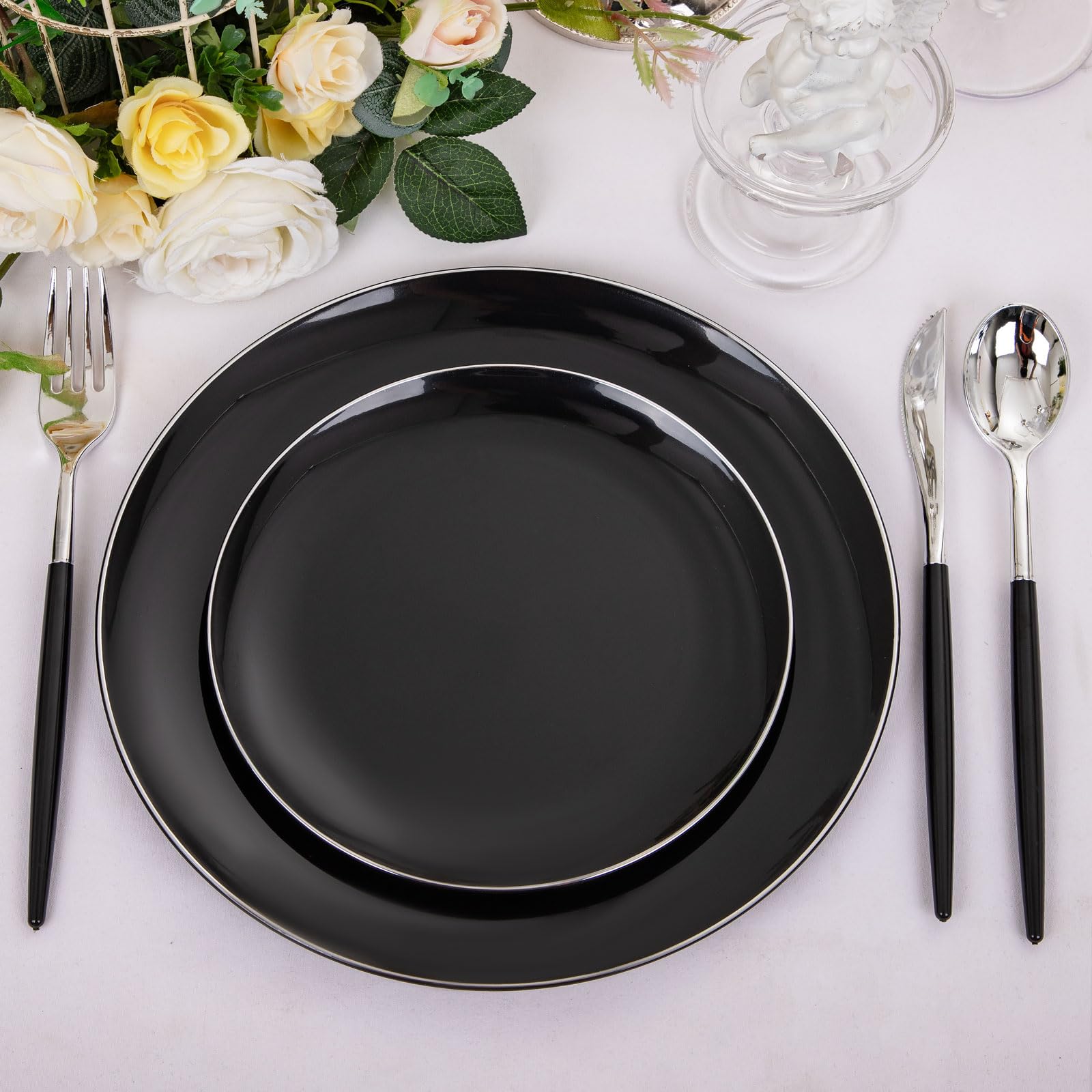 DaYammi 150Pcs Gold Plastic Plates with Disposable Silverware,White Gold Disposable Dinnerware Set - 30 Dinner Plate,30 Dessert Plate,90 Gold Cutlery with White Handles,Fancy Plates for Party Wedding