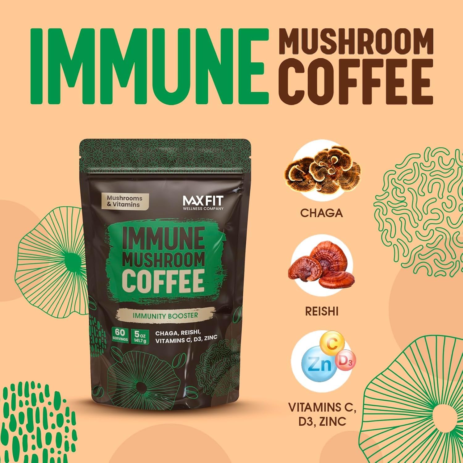 Mushroom Coffee (60 Servings) 10 Mushrooms (Lion’s Mane, Cordyceps, Turkey Tail & Other) Mixed With Gourmet Arabica Instant Immune Boosting Coffee for Focus & Gut Health Support