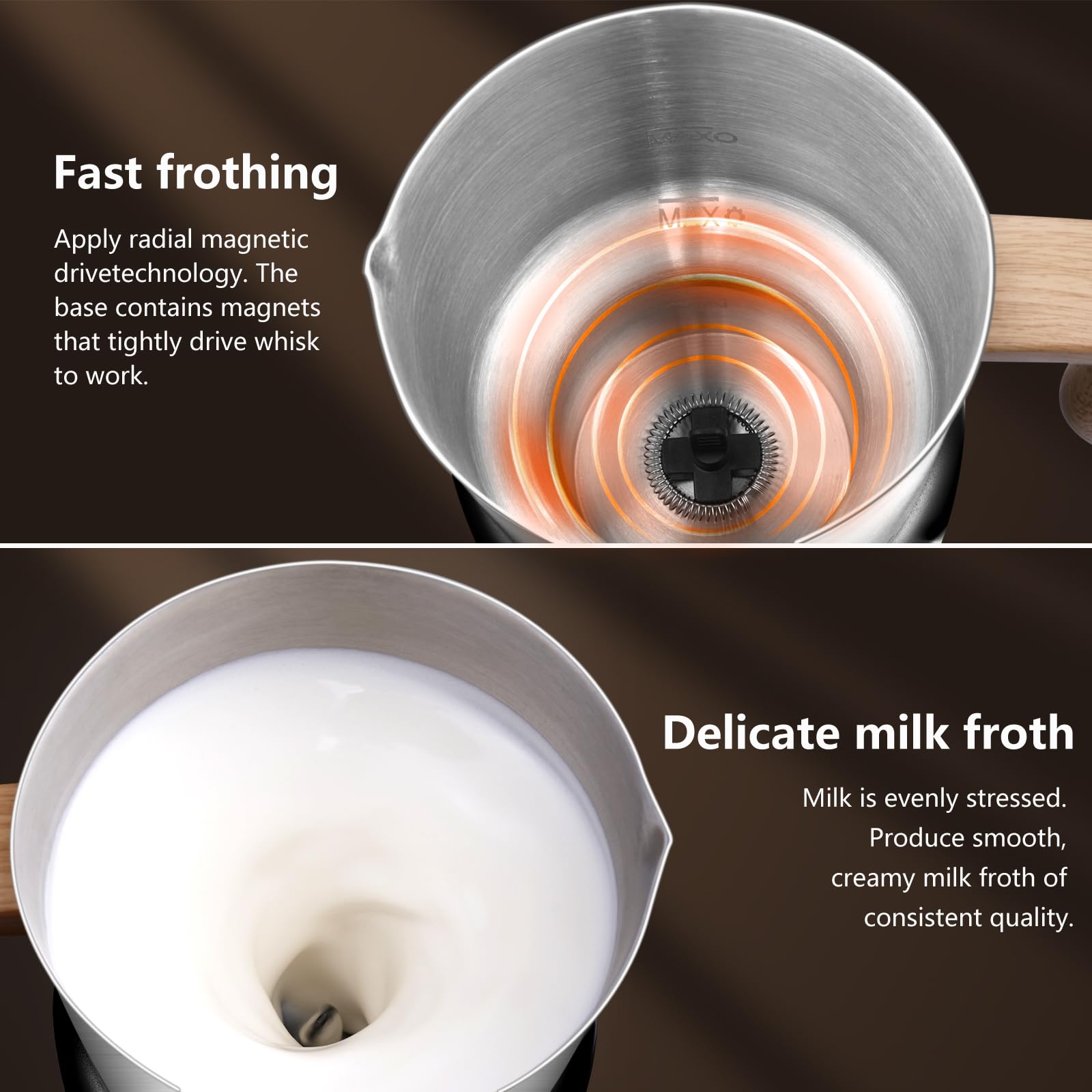 AMZCHEF 8-IN-1 Milk Frother and Steamer 21 oz, 550 Watts Split Stainless Steel Automatic Steamer, Milk's Warmer for Latte, Cappuccino, Hot Chocolate, Hot&Cold Froth, Heated Milk, Baby Food Wood&Black