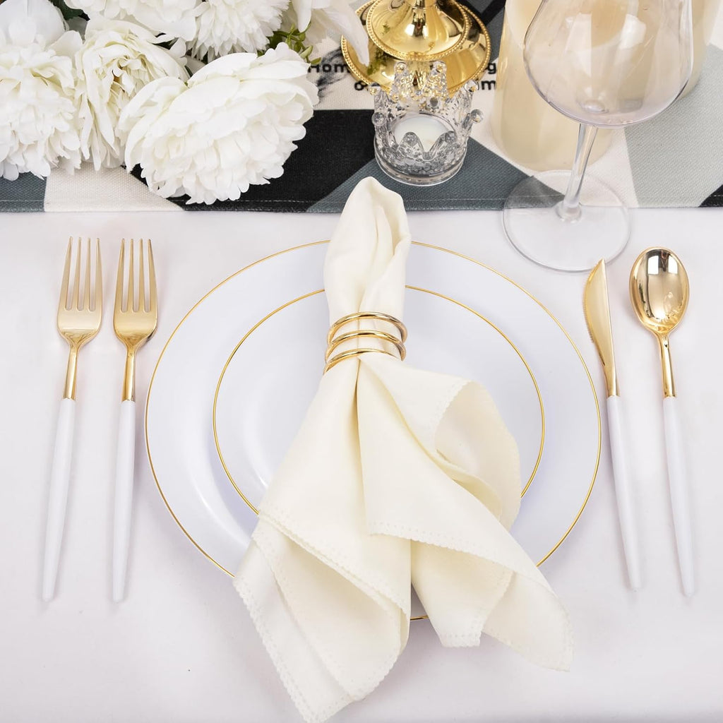 DaYammi 150Pcs White and Gold Plastic Plates with Disposable Silverware and 200Pcs Gold Plastic Cups for Party, Fancy Plates Set and Clear Gold Rimmed Cups for all occasions