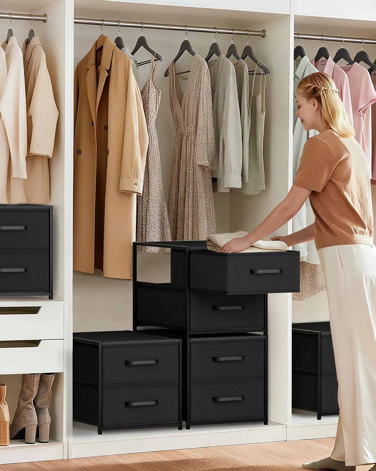Homsorout Stackable Storage Drawers - 2 Tier Closet Organizer with Metal Handles and Metal Frame, Fabric Dresser with Collapsible Bins for Bedroom, Dorm, Office, White, 2 Pack