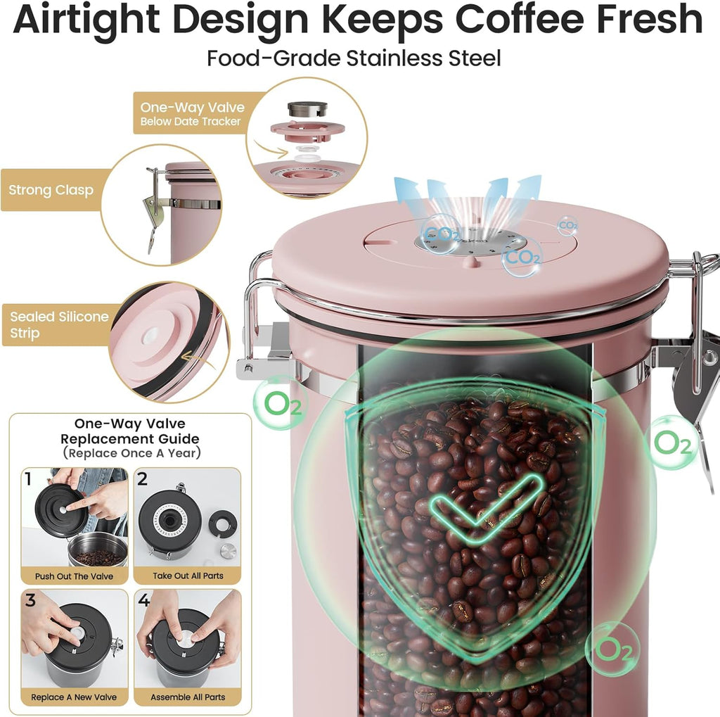 Veken Coffee Canister with Window,Airtight Stainless Steel Kitchen Food Storage Container, Date Tracker & Scoop for Grounds Coffee, Beans, Tea,Flour,Cereal,Sugar,22OZ,Copper