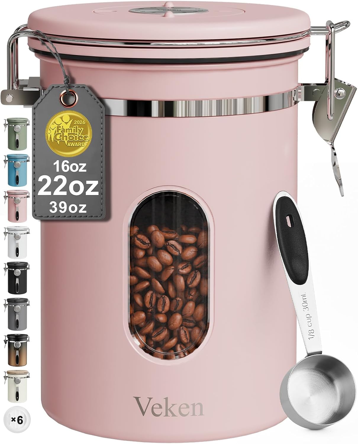 Veken Coffee Canister with Window,Airtight Stainless Steel Kitchen Food Storage Container, Date Tracker & Scoop for Grounds Coffee, Beans, Tea,Flour,Cereal,Sugar,22OZ,Copper