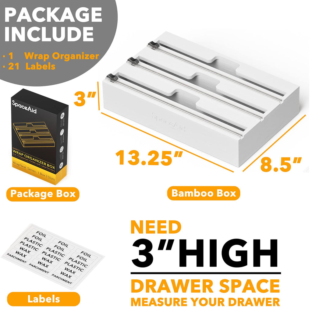 SpaceAid WrapNeat 3 in 1 Wrap Organizer with Cutter and Labels, Plastic Wrap, Aluminum Foil and Wax Bamboo Dispenser for Kitchen Storage Organization Holder for 12" Roll (Natural)