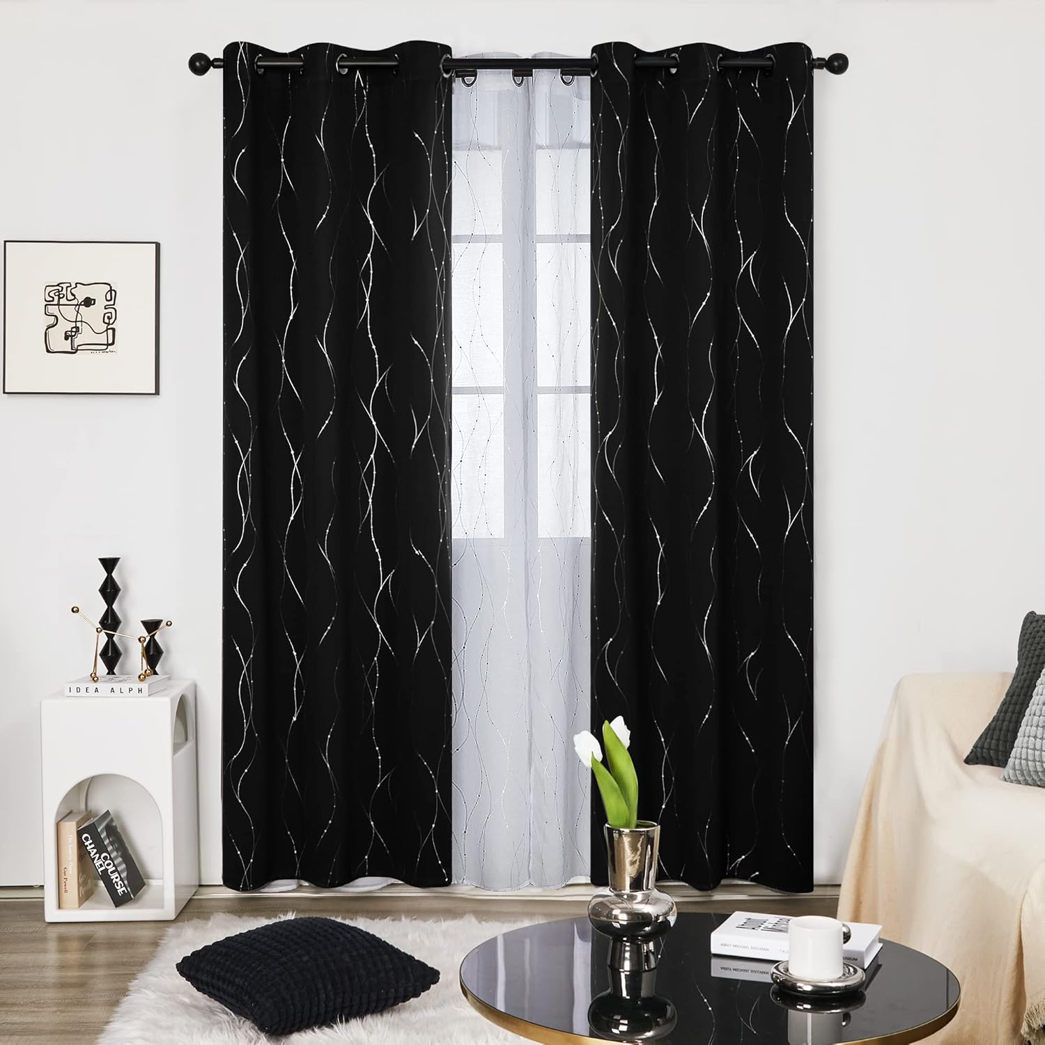 Deconovo Blackout Curtains, Grey Curtain, Thermal Insulated Soundproof Curtain Drapes, Wave Dot Foil Print, 52 x 84 Inch, 2 Panels, Machine‑Washable Privacy Window Drape for Bedroom Living Room Office