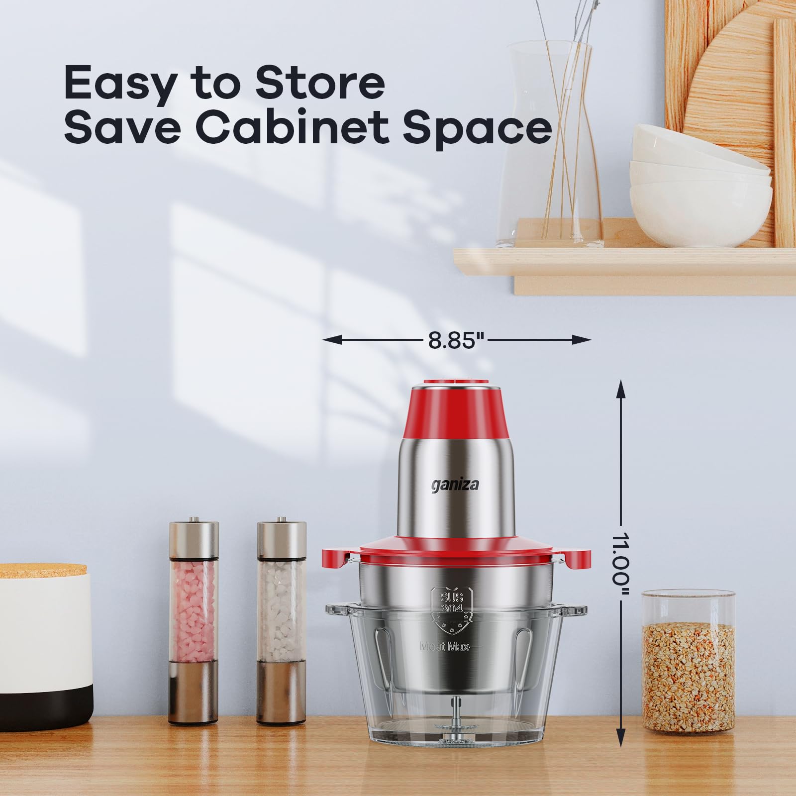 GANIZA Procesadores de alimentos, picadora eléctrica de alimentos con picadora de carne y picadora de verduras, 2 cuencos (8 tazas+8 tazas) con potente motor de cobre de 450 W, incluye 2 juegos de