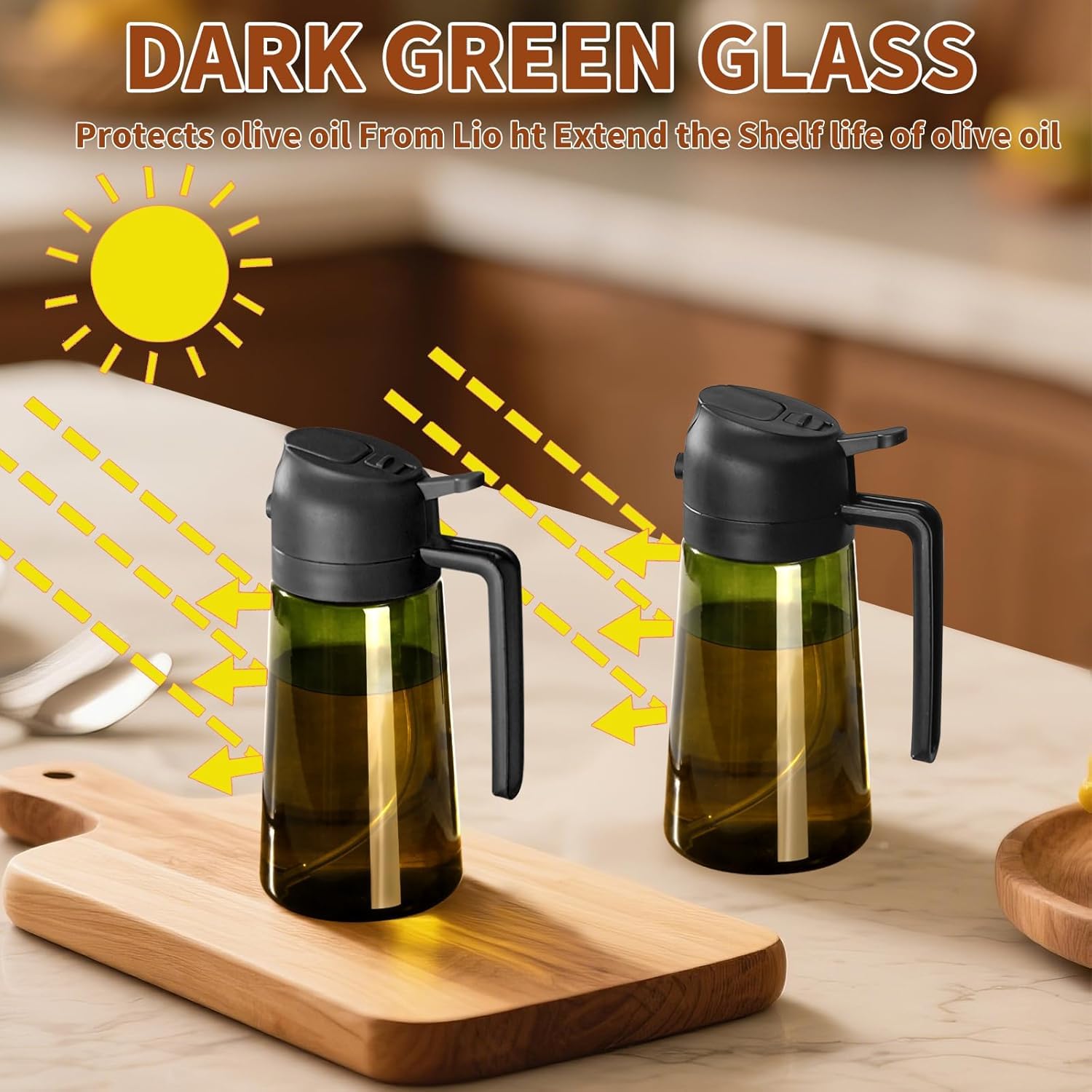 SWEET VIEW Olive Oil Dispenser and Oil Sprayer – 16oz/470ml Glass Light-Proof Oil Pourer for Kitchen, Air Fryer, Cooking, Salad, and BBQ