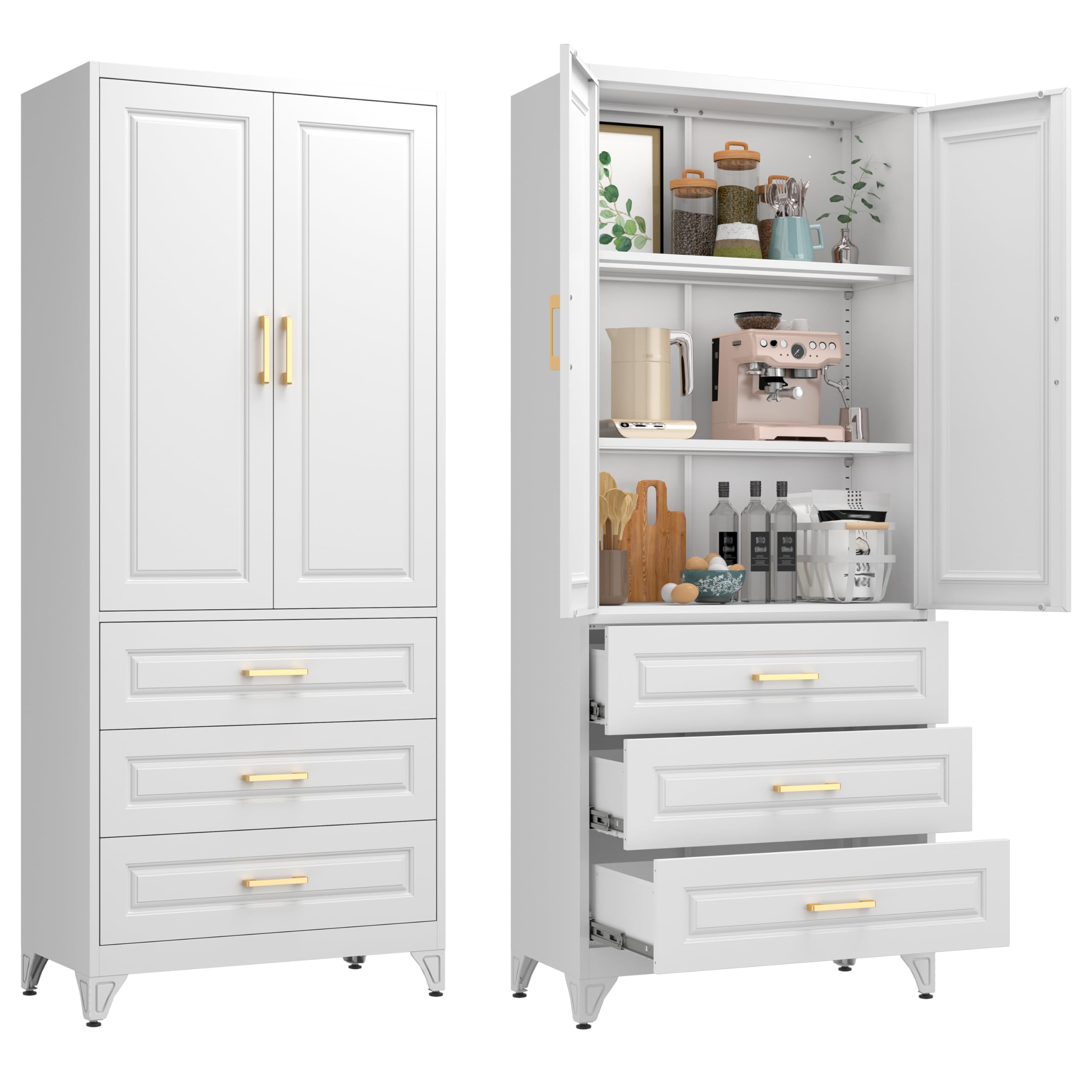 75" Tall Metal Kitchen Storage Cabinet,White Kitchen Pantry Storage Cabinet with Doors and 4 Adjustable Shelves,Utility Cabinet for Living Room,Garage,Dining Room and Office,Assemble Required