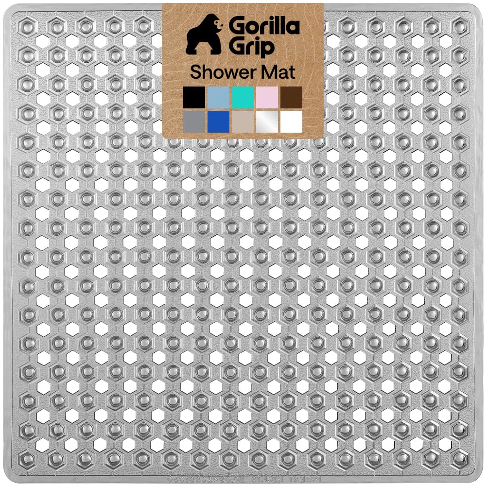 GORILLA GRIP Patented Bath Tub Shower Mat, Machine Washable Bathtub Floor Liner Mats, Suction Cups and Drain Holes to Keep Tubs Clean, Soft on Feet, Bathroom Essentials, 35x16 Inch, Clear