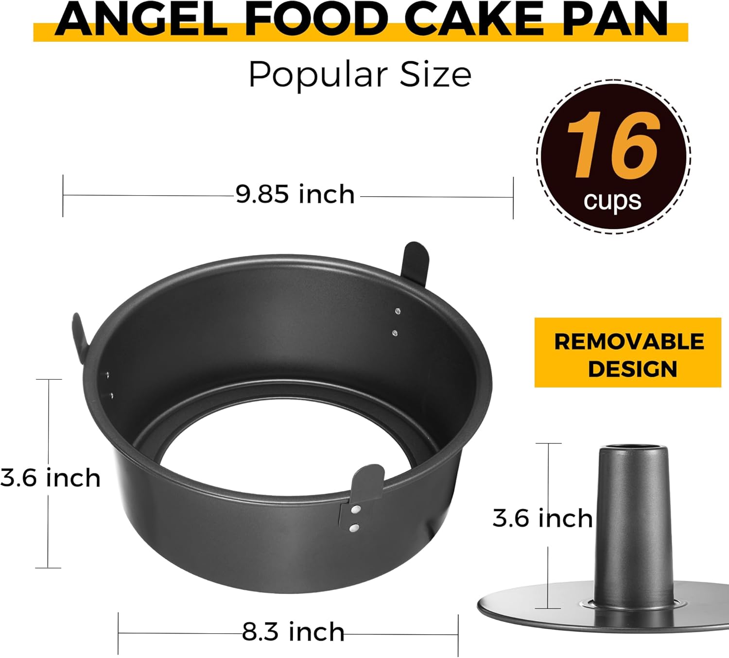 HONGBAKE Angel Food Cake Pan with Removable Bottom, 10 inch Carbon Steel Bundt Cake Pan for Baking, Non-stick Pound Tube Pans for Cakes, 16-Cup, Heavy Duty - Dark Grey
