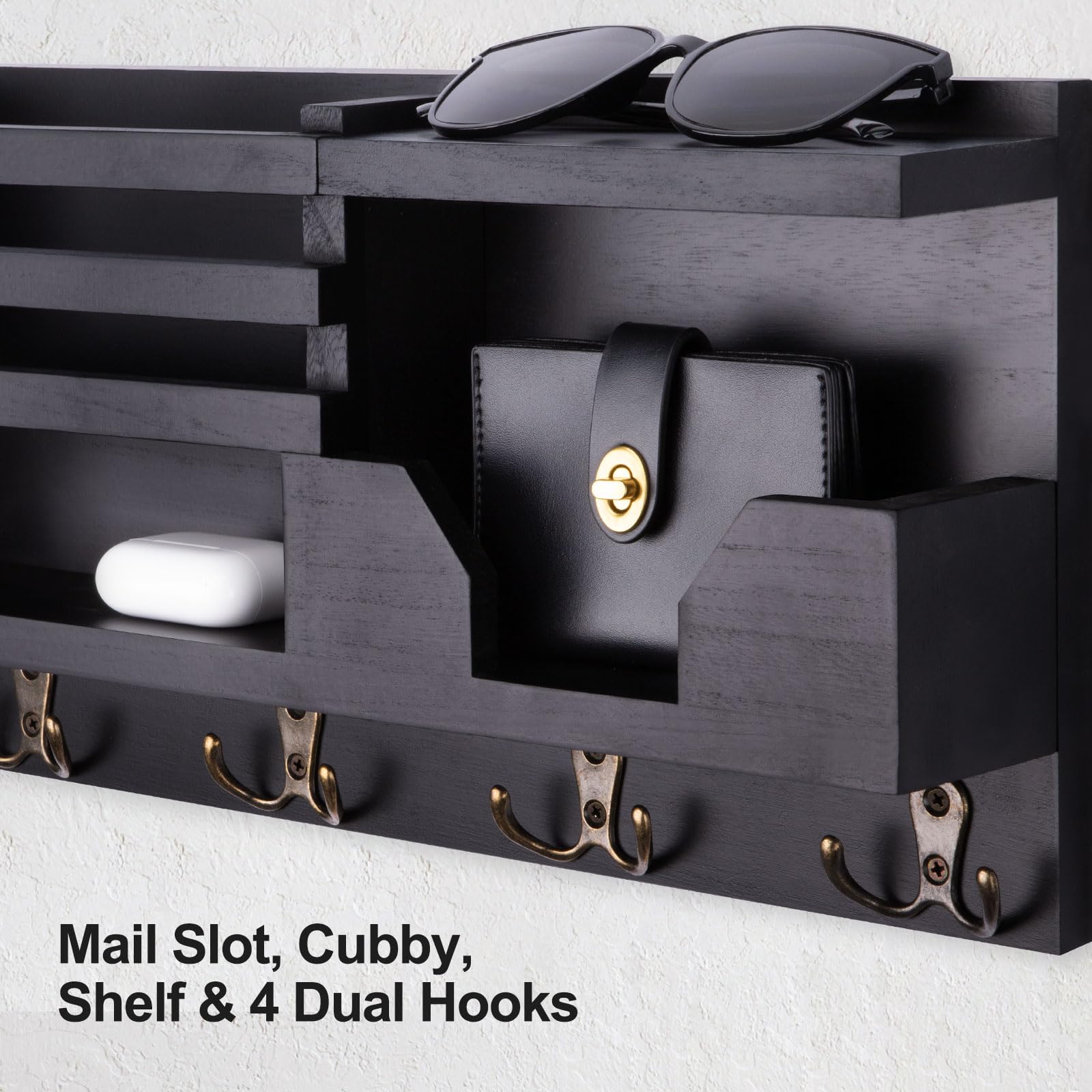 Mail and Key Holder for Wall – Decorative 15.9” x 8.7” x 3.2” Entryway Organizer with Shelf – Paulownia Wood with 4 Dual Hooks Includes Mounting Hardware and Installation Guide