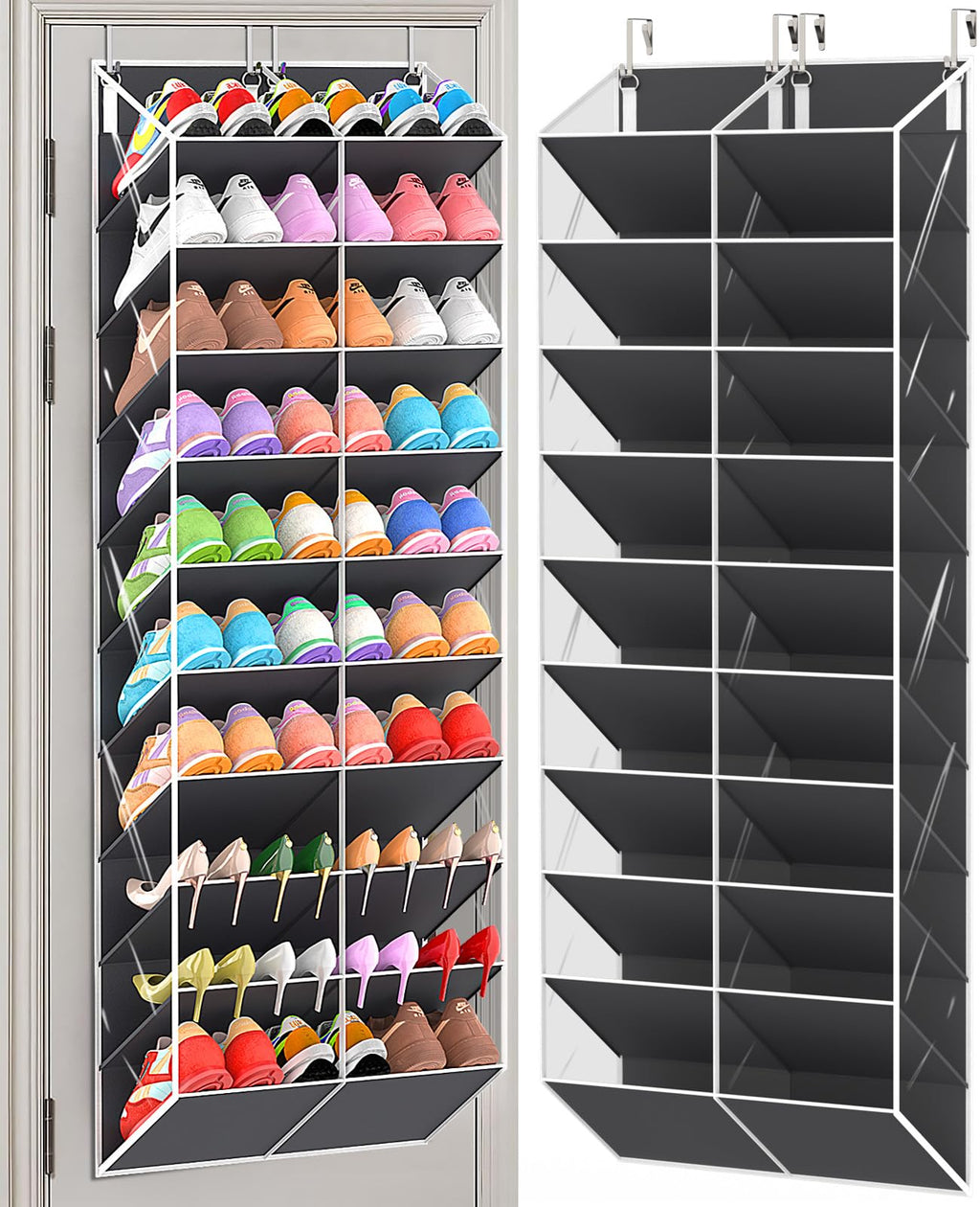 UVIAHOMI 20-30 Pairs Over the Door Shoe Organizer, Clear Pockets Hanging Shoe Storage for Closet, 10-Tier Door Shoes Rack, Handing Shoes Holder Fit All the Family's Sneakers, Boots, Heels, Black