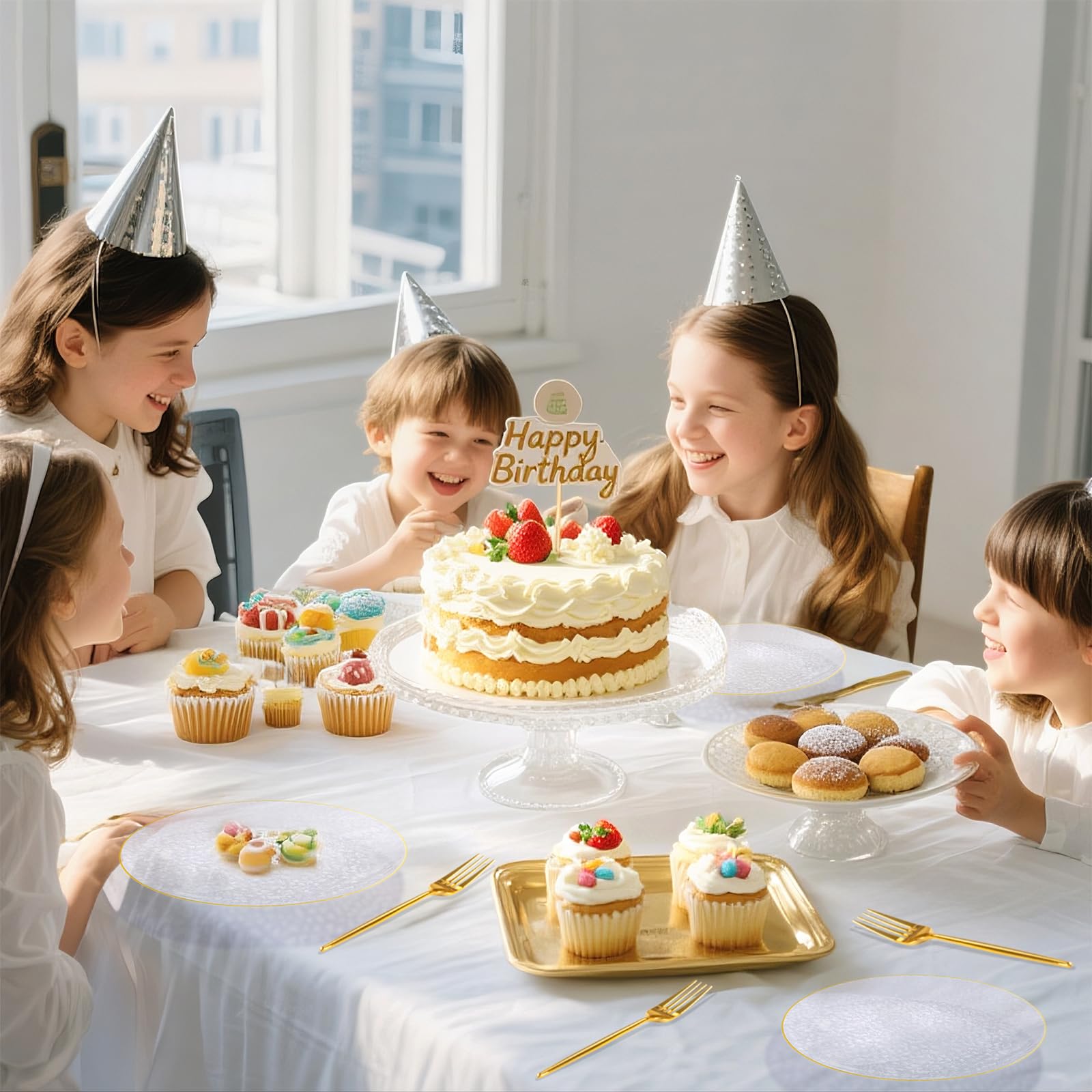 DaYammi 240Pcs Gold Plastic Plates Including 120Pcs Dessert Plates and 120Pcs Cake Forks,Hammered Party Plate,Clear Gold Appetizer plates Heavy duty Disposable Plastic Plate for Party Wedding Birthday
