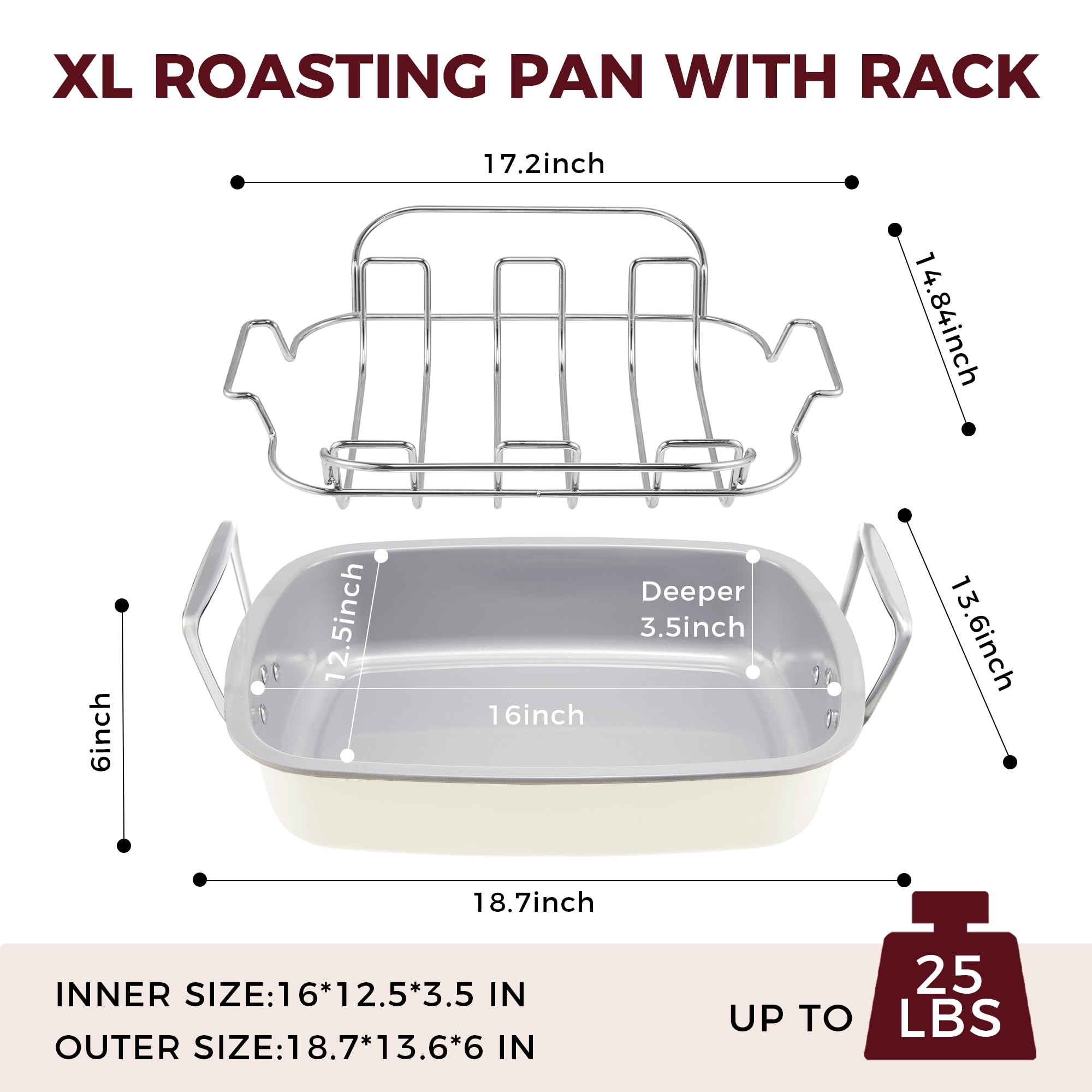 HONGBAKE Ceramic Coated Nonstick Large Turkey Roasting Pan with Rack (U-Shaped), 18.7×13.6 Inch Deep Roaster Pan for 25 lb Turkey & Chicken, Wider Handles, Non Toxic, PFOA & PTFE-Free, Cream & Gray