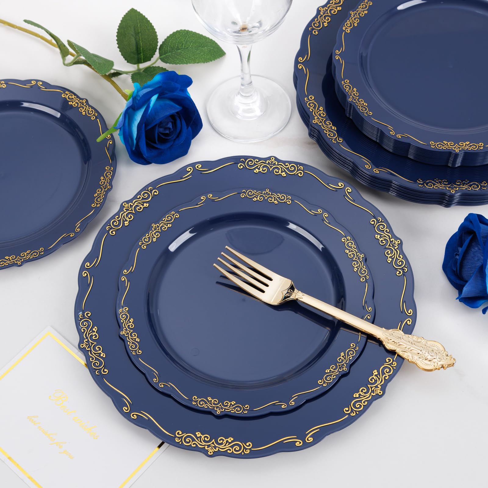 DaYammi 150Pcs Ivory Plastic Plates with Gold Rim,Disposable Plastic Plates Include 30 Dinner Plate,30 Salad Plate,30 Forks,30 Spoons,30 Knives,Ivory and Gold Plates for Party,Wedding,Mother's Day