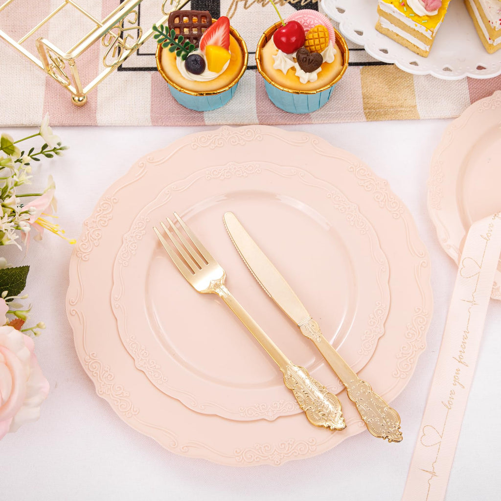 DaYammi 150Pcs Ivory Plastic Plates with Gold Rim,Disposable Plastic Plates Include 30 Dinner Plate,30 Salad Plate,30 Forks,30 Spoons,30 Knives,Ivory and Gold Plates for Party,Wedding,Mother's Day