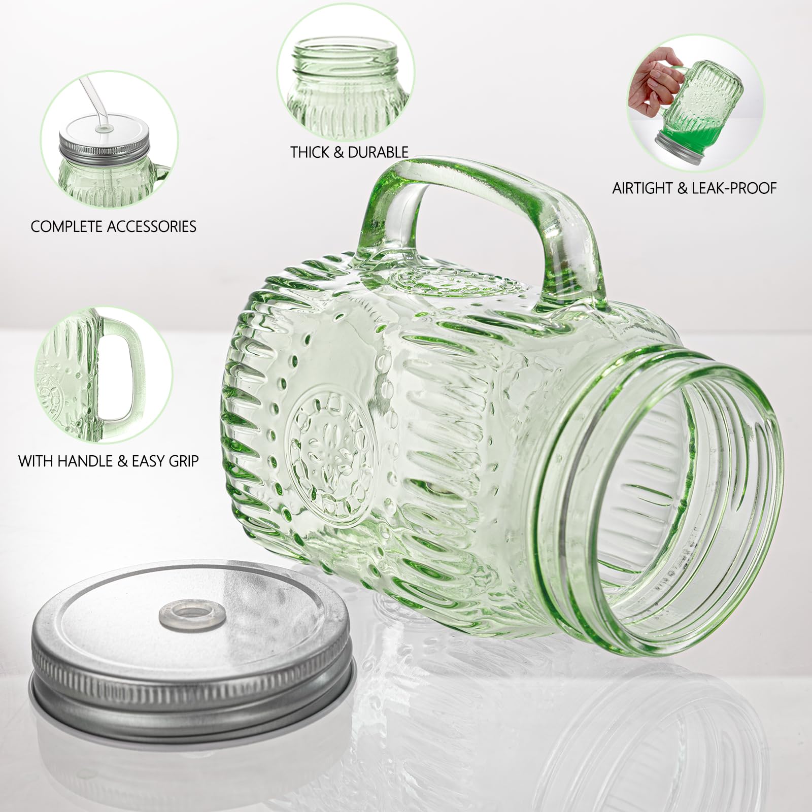 DaYammi Mason Jars with Lids and Straws, 6 Pack 16 Oz Glass Cups for Cold Beverages, Juice, Smoothies, Iced Coffee, Cocktails Leak-Proof Drinking Glasses with Sealed & Straw Lids, Colorful