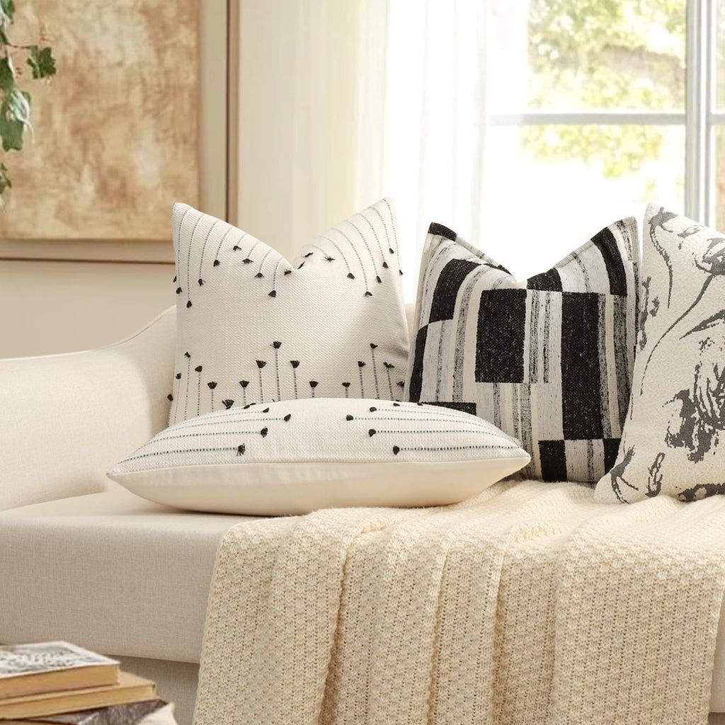 Boho Outdoor Throw Pillow Covers 18x18 Set of 2 Neutral Woven Decorative Pillowcases Cotton Tufted Couch Pillows Modern Farmhouse Cushion Covers for Sofa Couch Bed Living Room Home Decor, Navy Blue