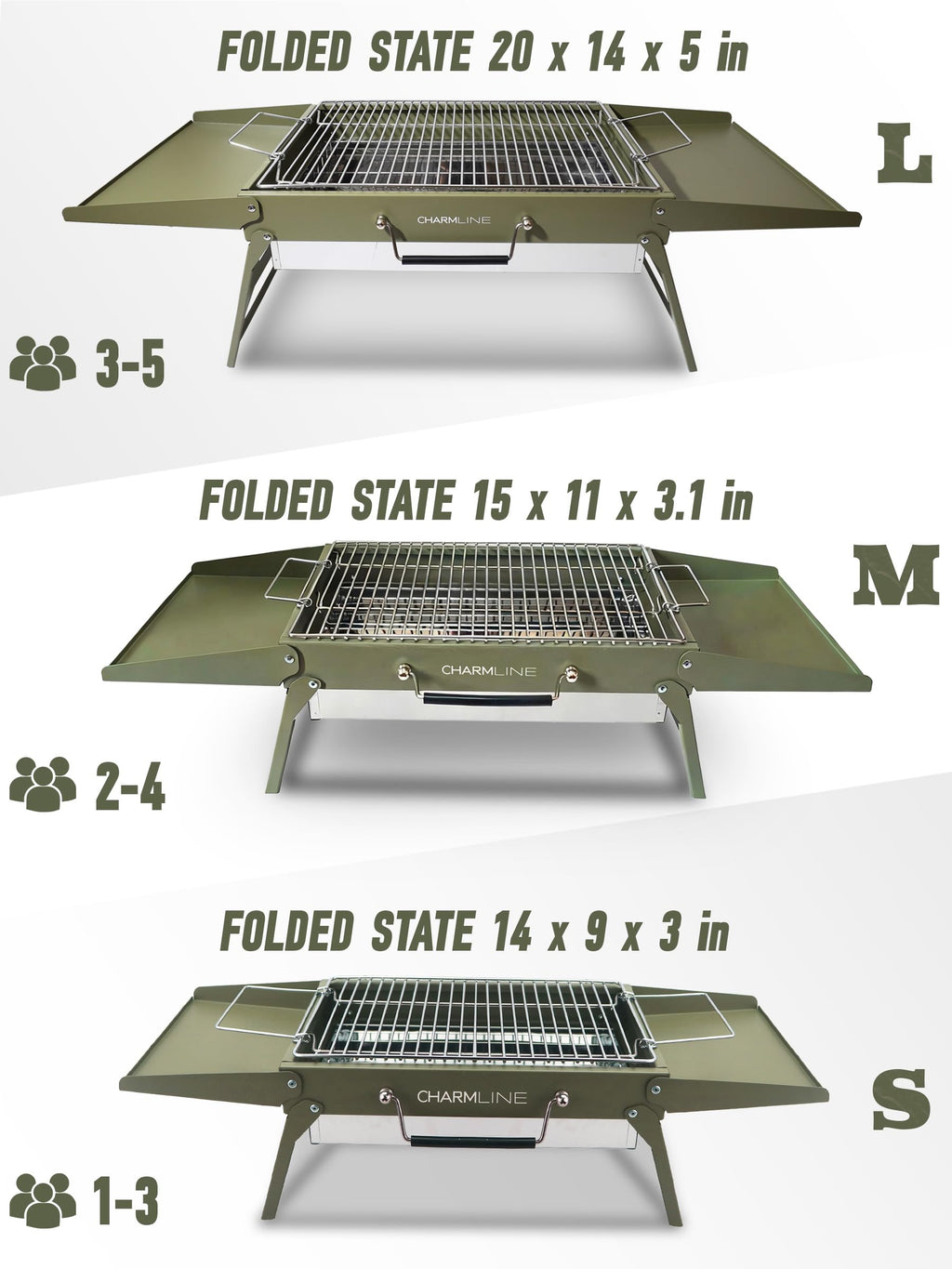 Charmline 14 x 9 inches Portable Charcoal BBQ Grill, Foldable Compact Camping Barbecue for 1–3 People, Ideal for Garden, Beach, Picnic & Tabletop Use, Green